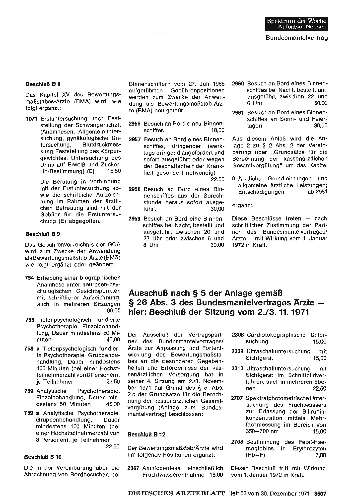 Vorschauseite 1: Ausschuß nach § 5 der Anlage gemäß § 26 Abs. 3 des Bundesmantelvertrages Ärzte — hier: Beschluß der Sitzung vom 2./3. 11. 1971