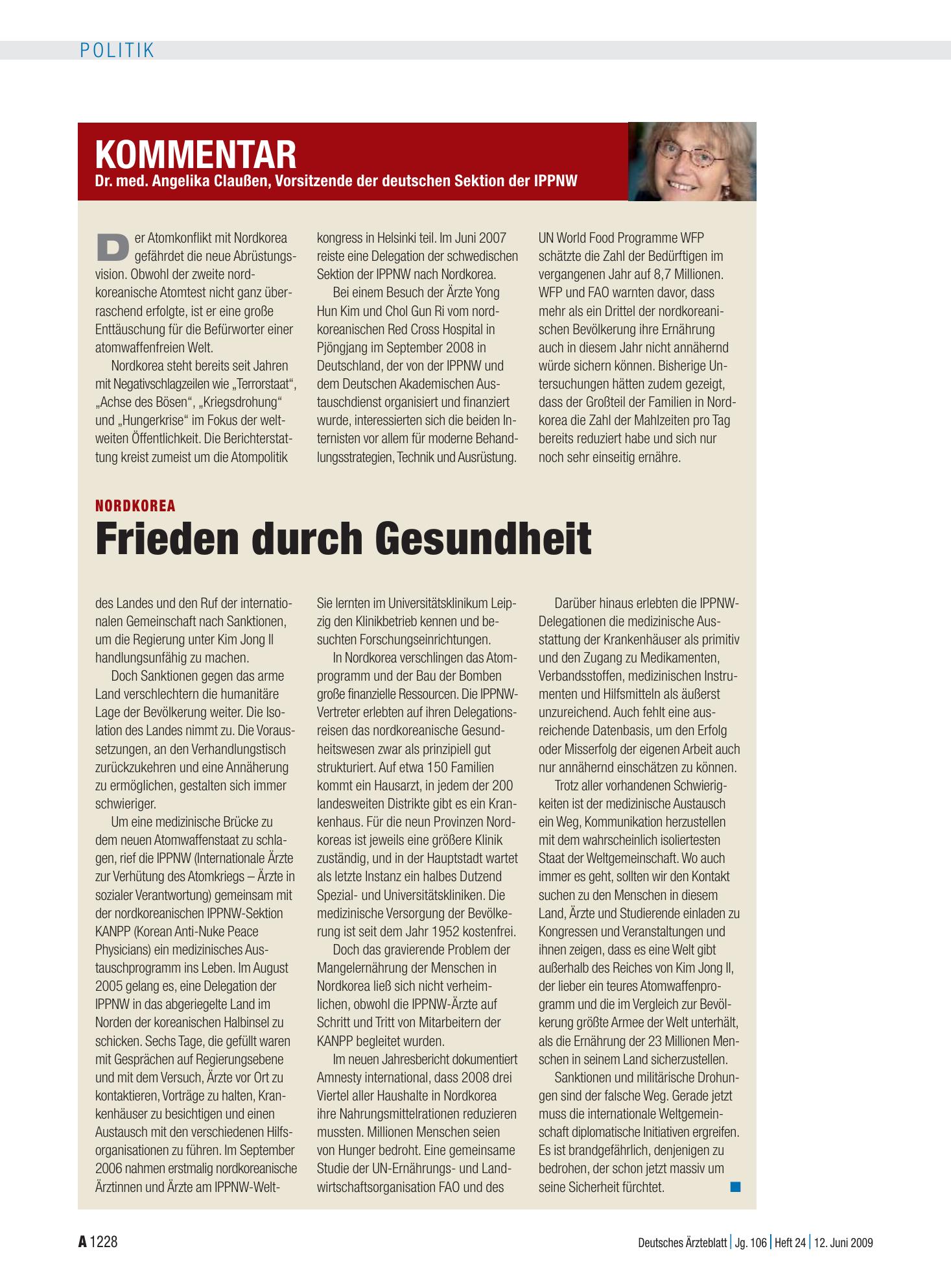 Vorschauseite 1: Nordkorea: Frieden durch Gesundheit – Deutsches Ärzteblatt
