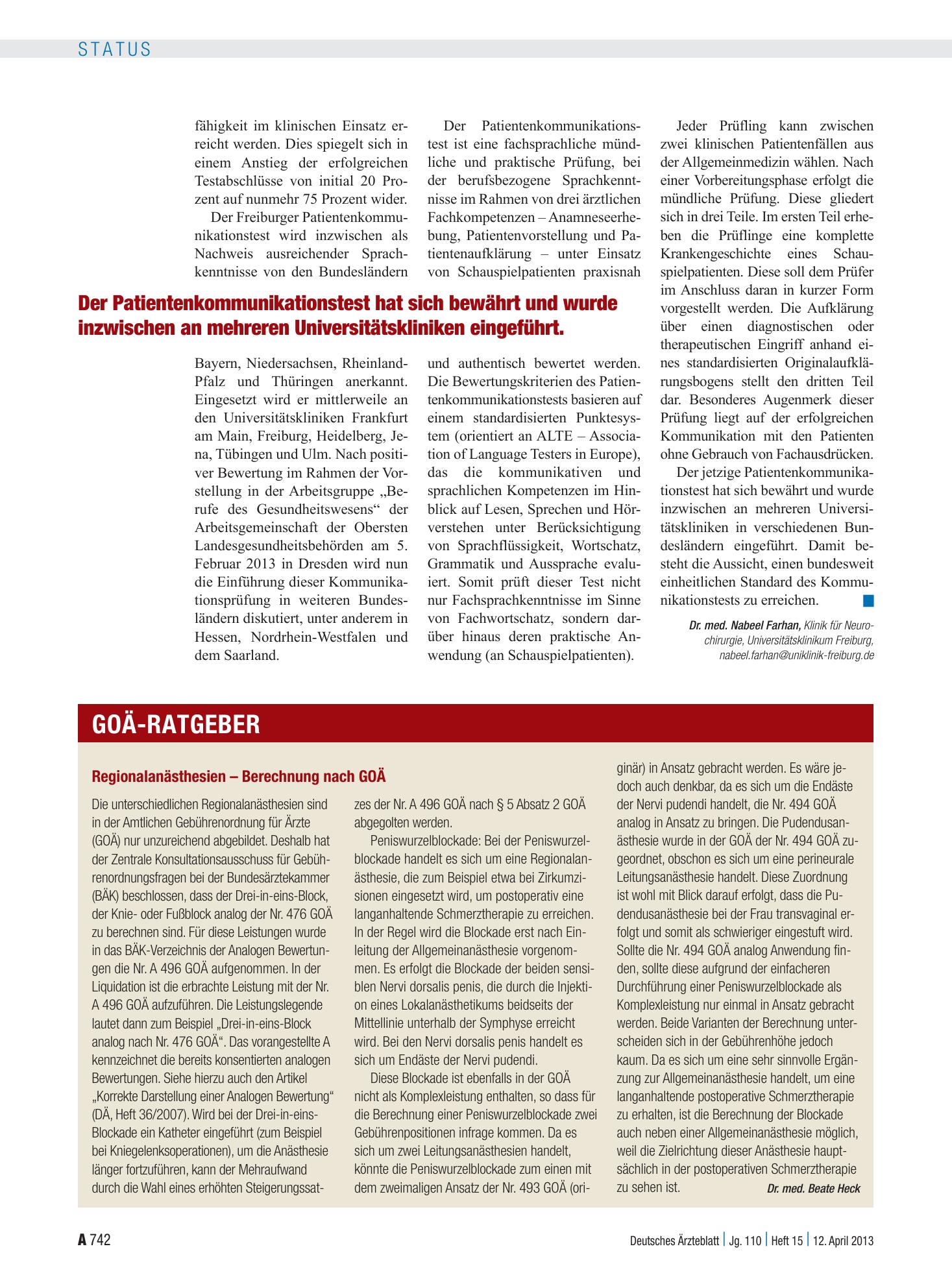 Vorschauseite 1: Regionalanästhesien – Berechnung nach GOÄ – Deutsches Ärzteblatt