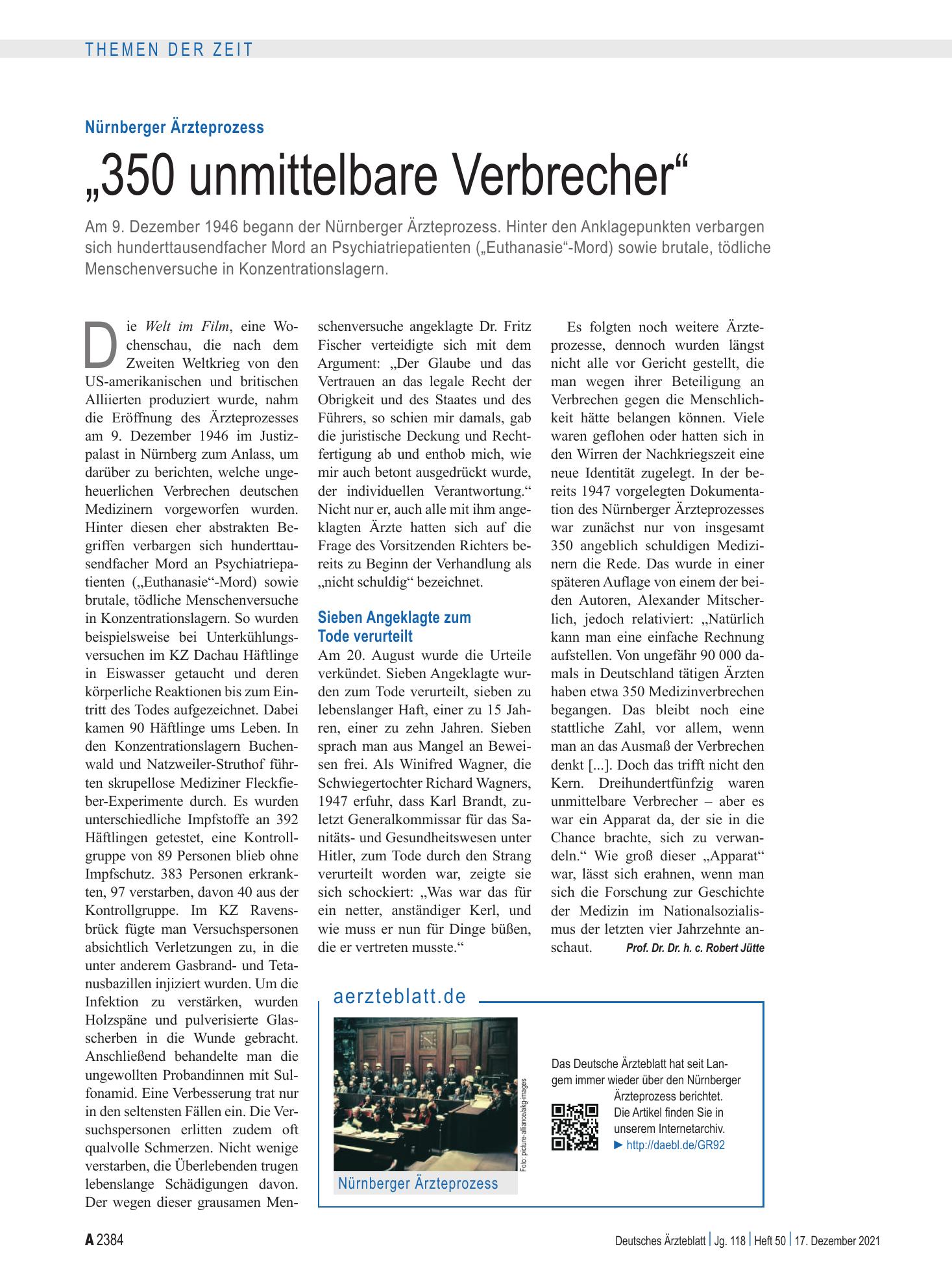 Vorschauseite 1: Nürnberger Ärzteprozess: „350 unmittelbare Verbrecher“ – Deutsches Ärzteblatt