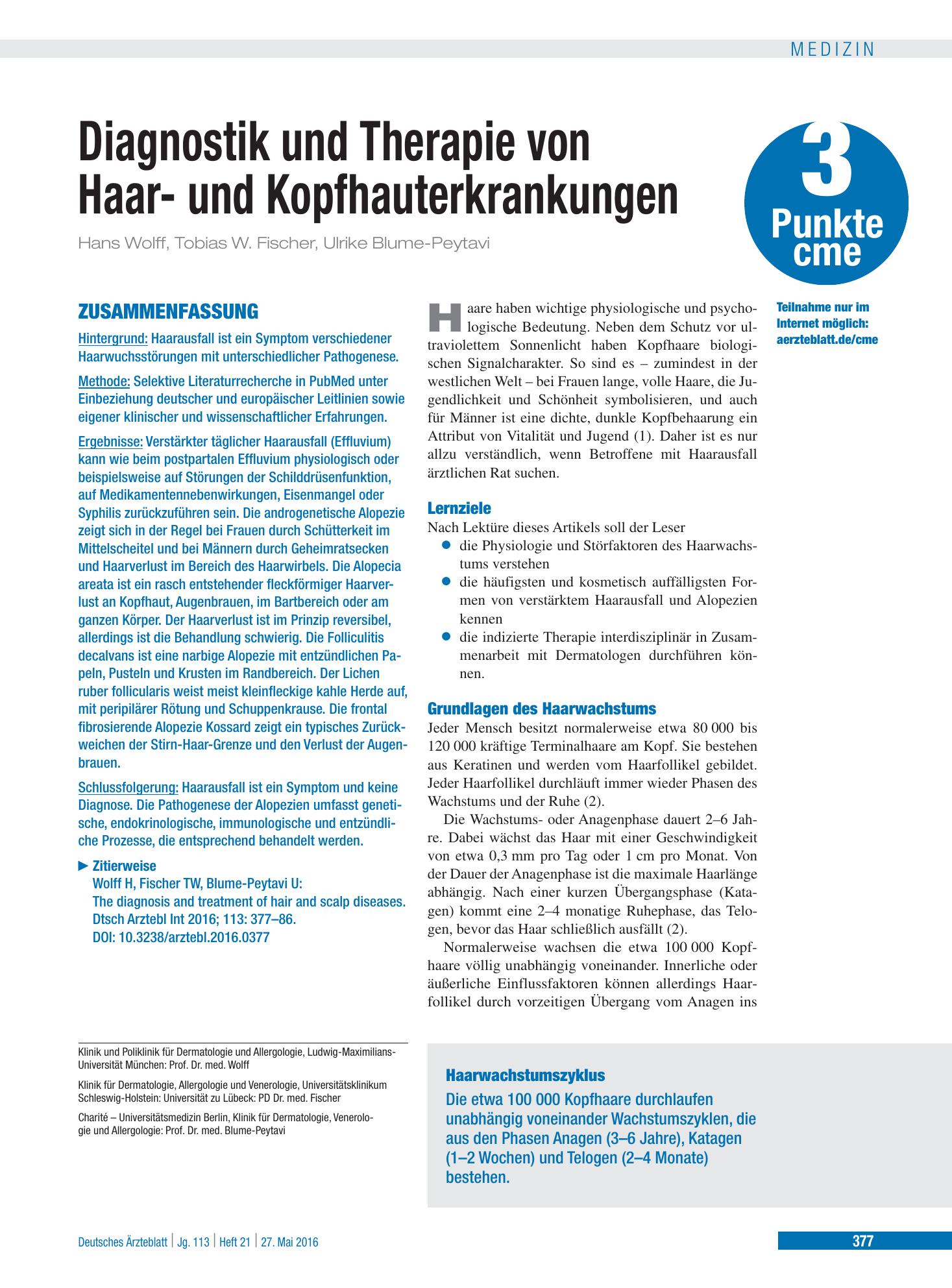Vorschauseite 1: Diagnostik und Therapie von Haar- und Kopfhauterkrankungen – Deutsches Ärzteblatt