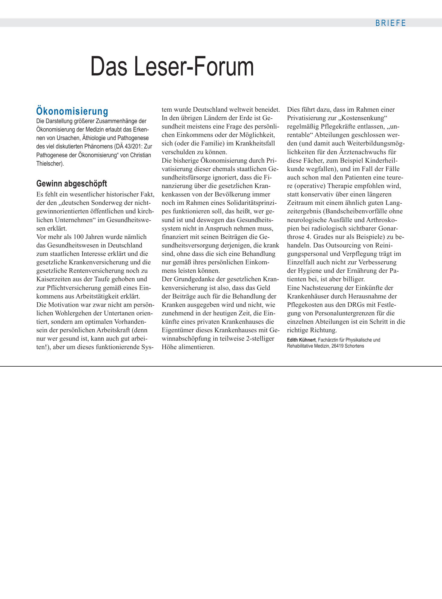 Vorschauseite 1: Ökonomisierung: Gewinn abgeschöpft – Deutsches Ärzteblatt