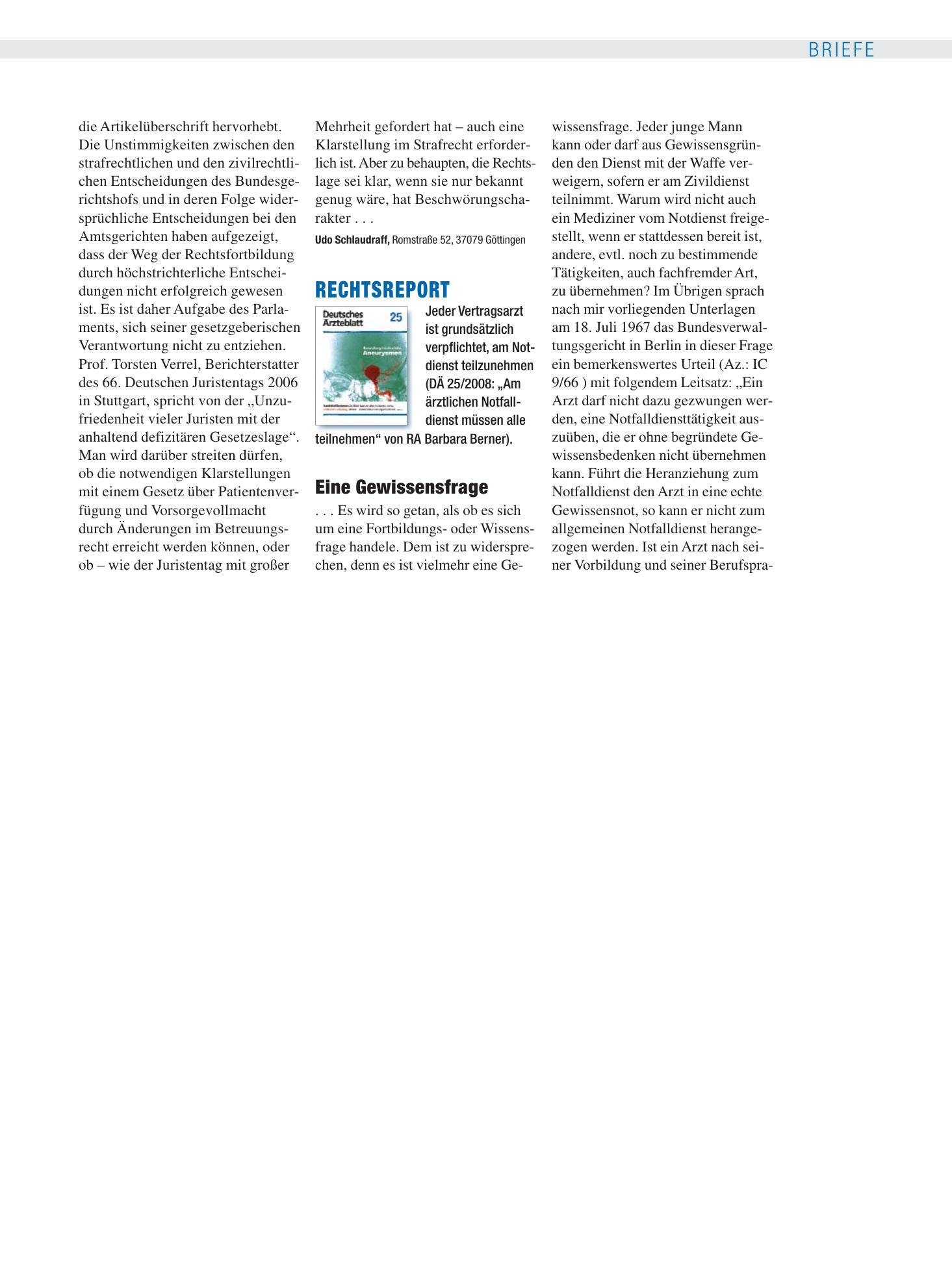 Vorschauseite 1: Rechtsreport: Eine Gewissensfrage – Deutsches Ärzteblatt