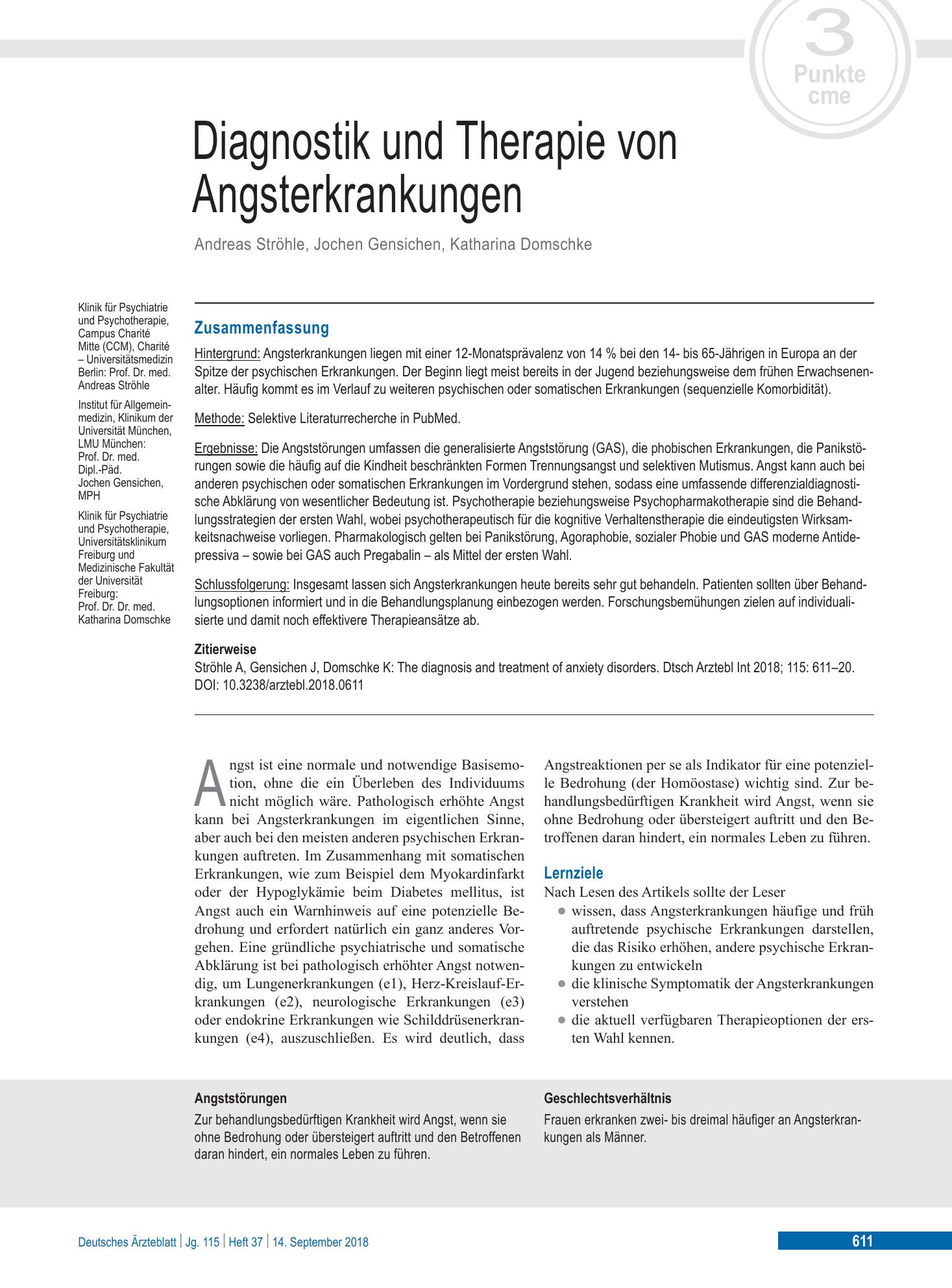 Vorschauseite 1: Diagnostik und Therapie von Angsterkrankungen – Deutsches Ärzteblatt