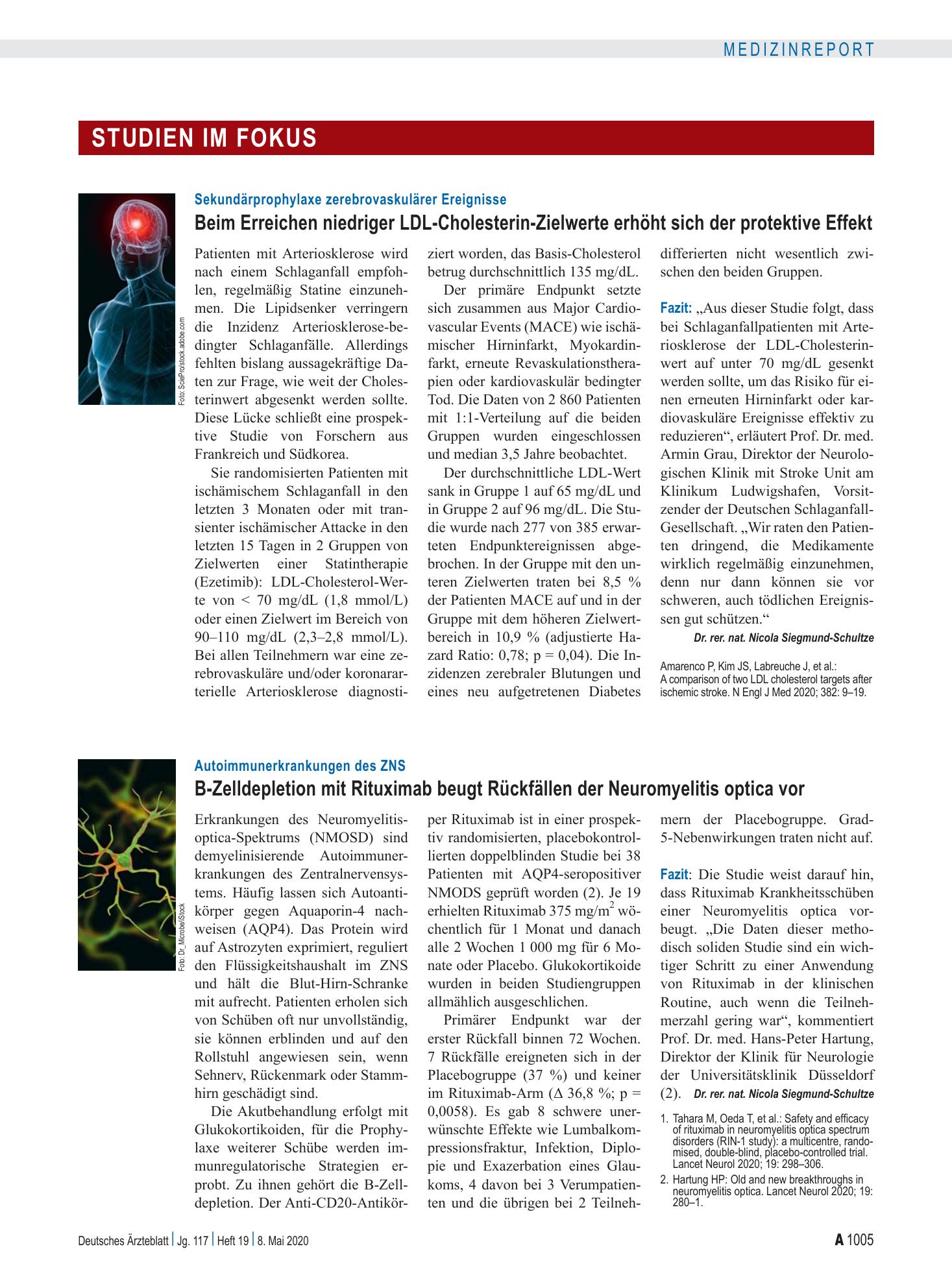 Vorschauseite 1: Autoimmunerkrankungen des ZNS: B-Zelldepletion mit Rituximab beugt Rückfällen der Neuromyelitis optica vor – Deutsches Ärzteblatt