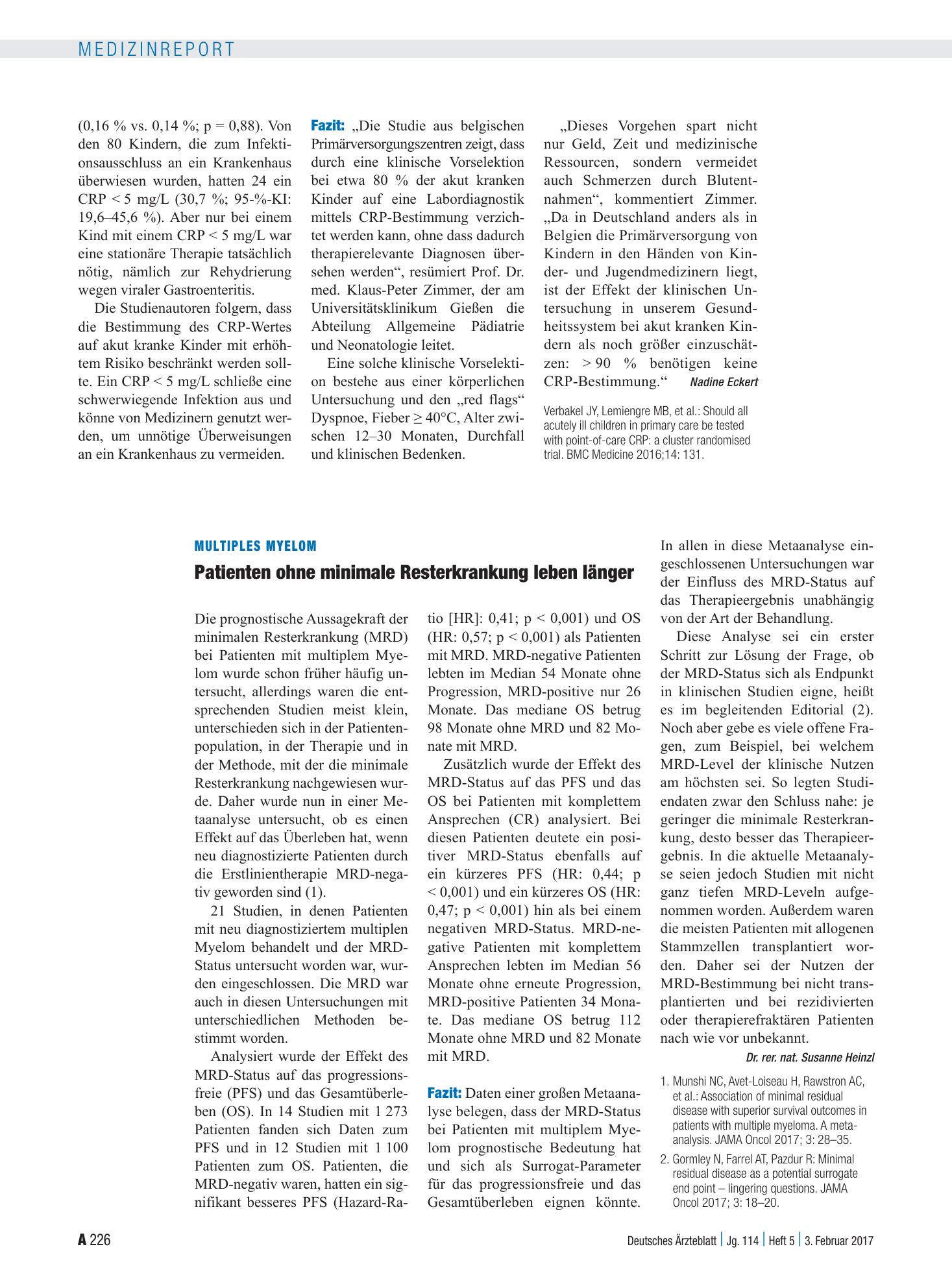 Vorschauseite 1: Multiples Myelom: Patienten ohne minimale Resterkrankung leben länger – Deutsches Ärzteblatt