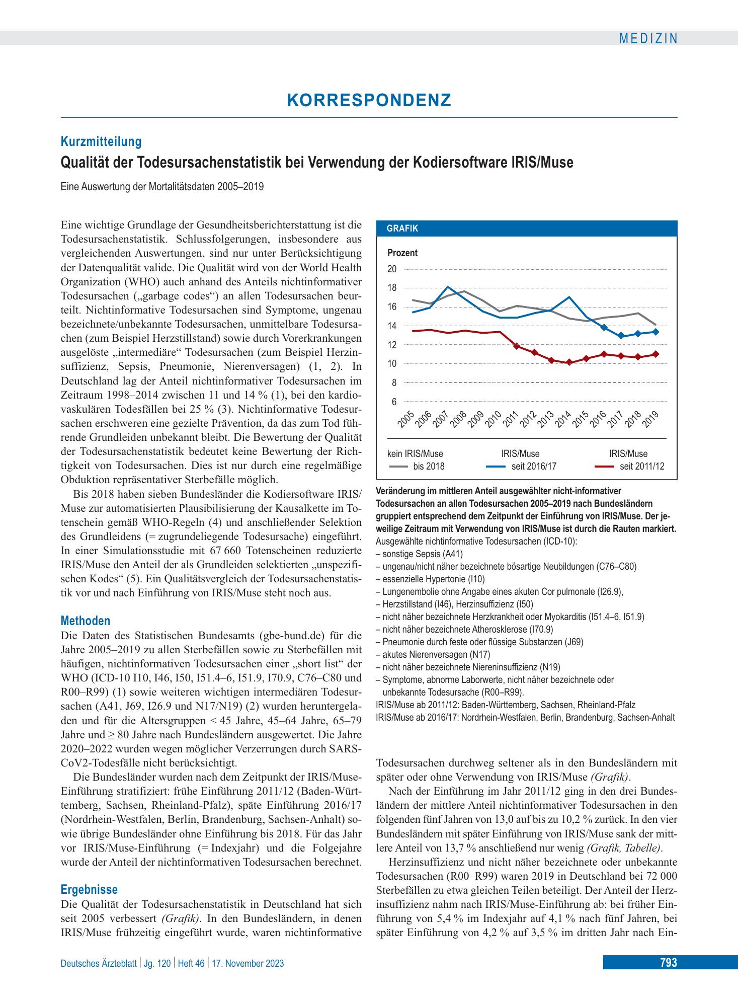 Vorschauseite 1: Qualität der Todesursachenstatistik bei Verwendung der Kodiersoftware IRIS/Muse – Deutsches Ärzteblatt