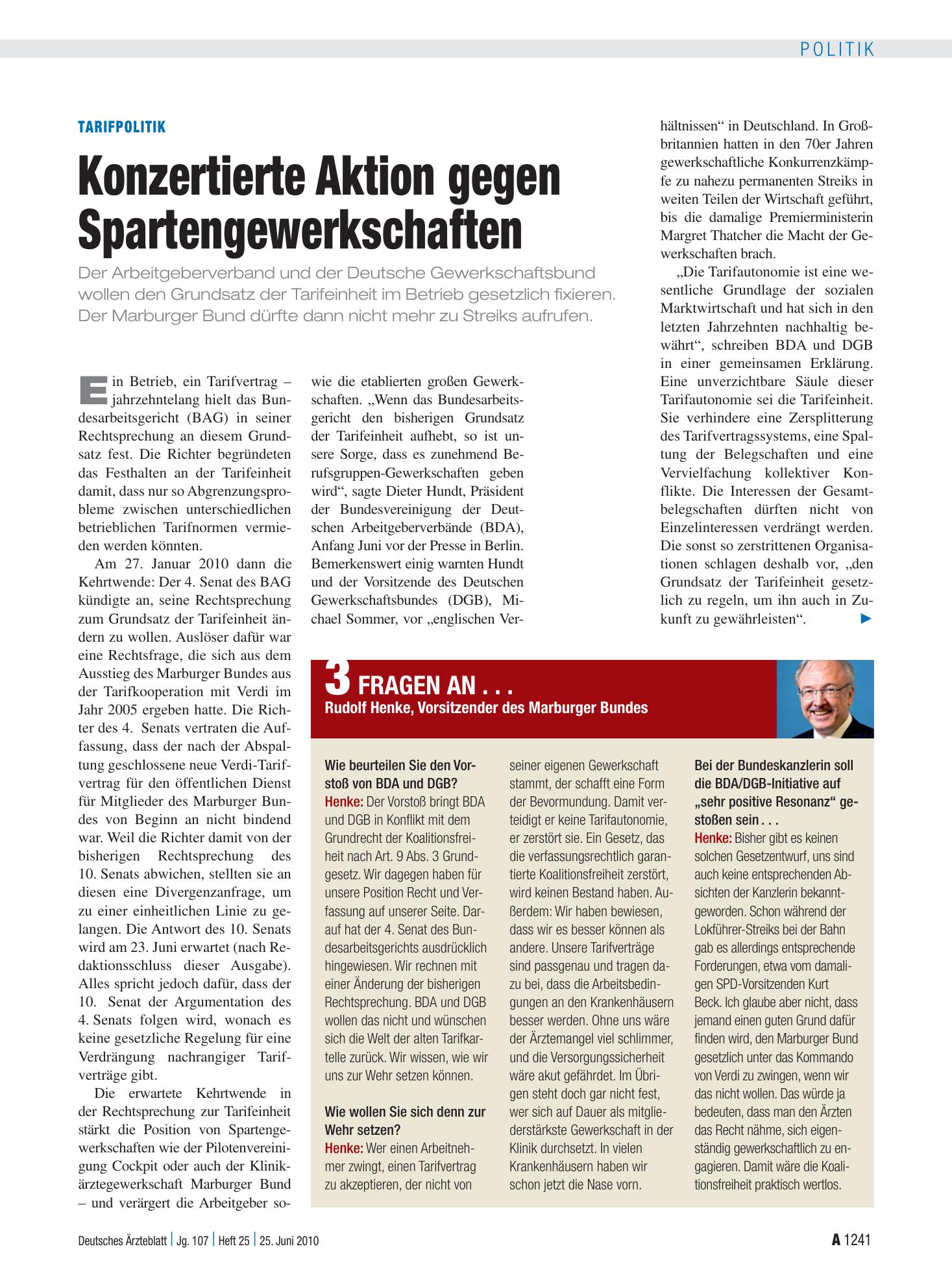Vorschauseite 1: Tarifpolitik: Konzertierte Aktion gegen Spartengewerkschaften – Deutsches Ärzteblatt