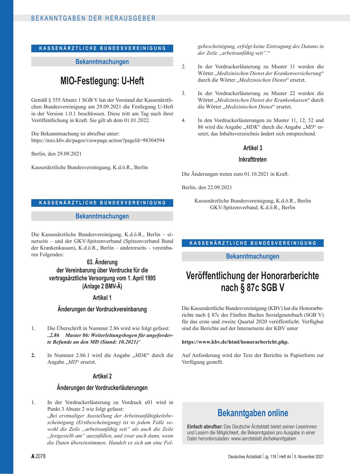 Vorschauseite 1: MIO-Festlegung: U-Heft – Deutsches Ärzteblatt