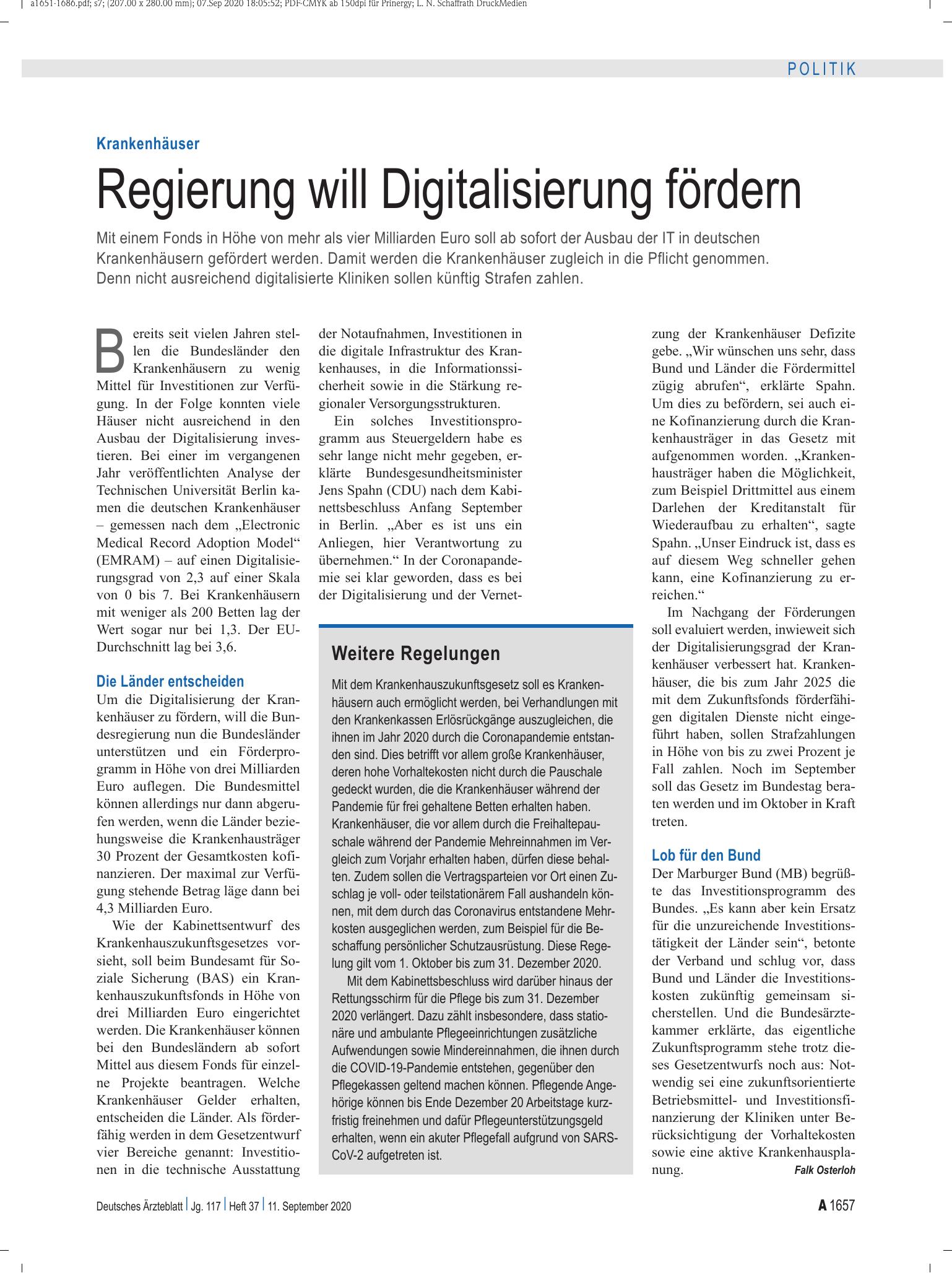 Vorschauseite 1: Krankenhäuser: Regierung will Digitalisierung fördern – Deutsches Ärzteblatt