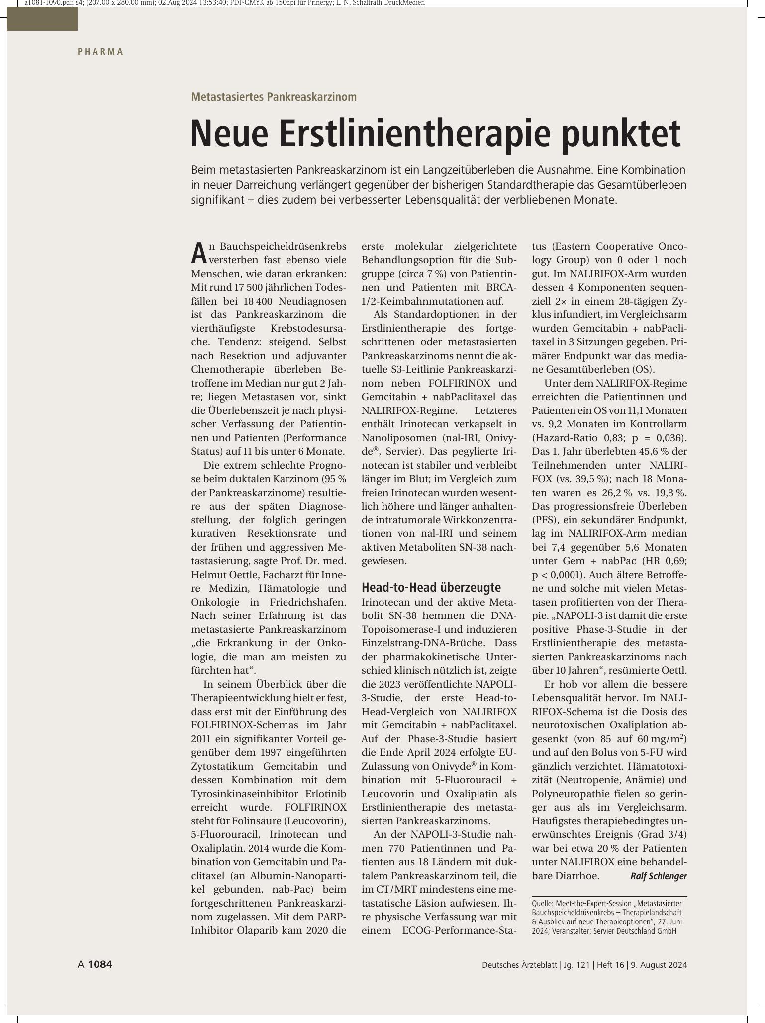 Vorschauseite 1: Metastasiertes Pankreaskarzinom: Neue Erstlinientherapie punktet – Deutsches Ärzteblatt