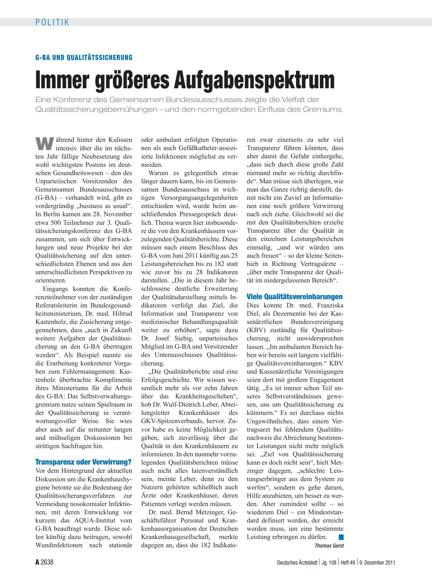 Vorschauseite 1: G-BA und Qualitätssicherung: Immer größeres Aufgabenspektrum – Deutsches Ärzteblatt