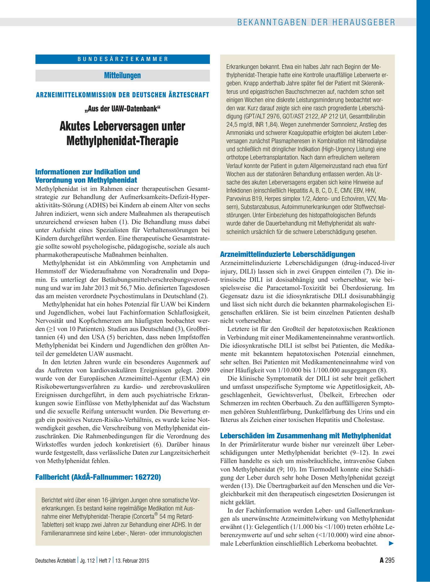Vorschauseite 1: Arzneimittelkommission der Deutschen Ärzteschaft: „Aus der UAW-Datenbank“ – Akutes Leberversagen unter Methylphenidat-Therapie – Deutsches Ärzteblatt