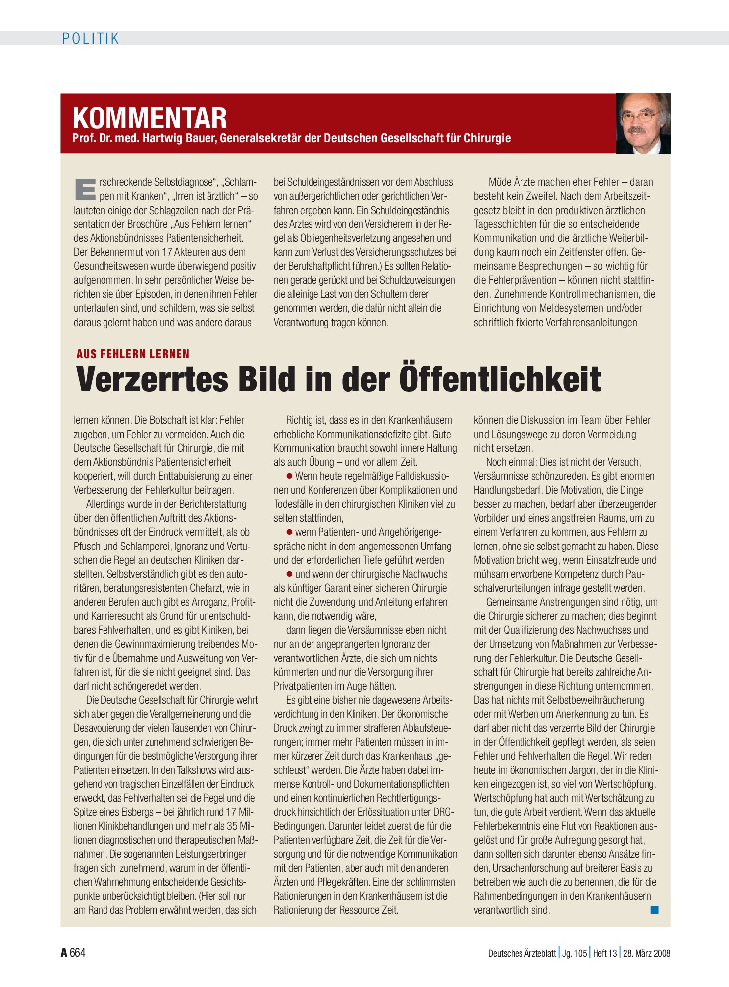 Vorschauseite 1: Prof. Dr. med. Hartwig Bauer, Generalsekretär der Deutschen Gesellschaft für Chirurgie - Aus Fehlern lernen: Verzerrtes Bild in der Öffentlichkeit – Deutsches Ärzteblatt