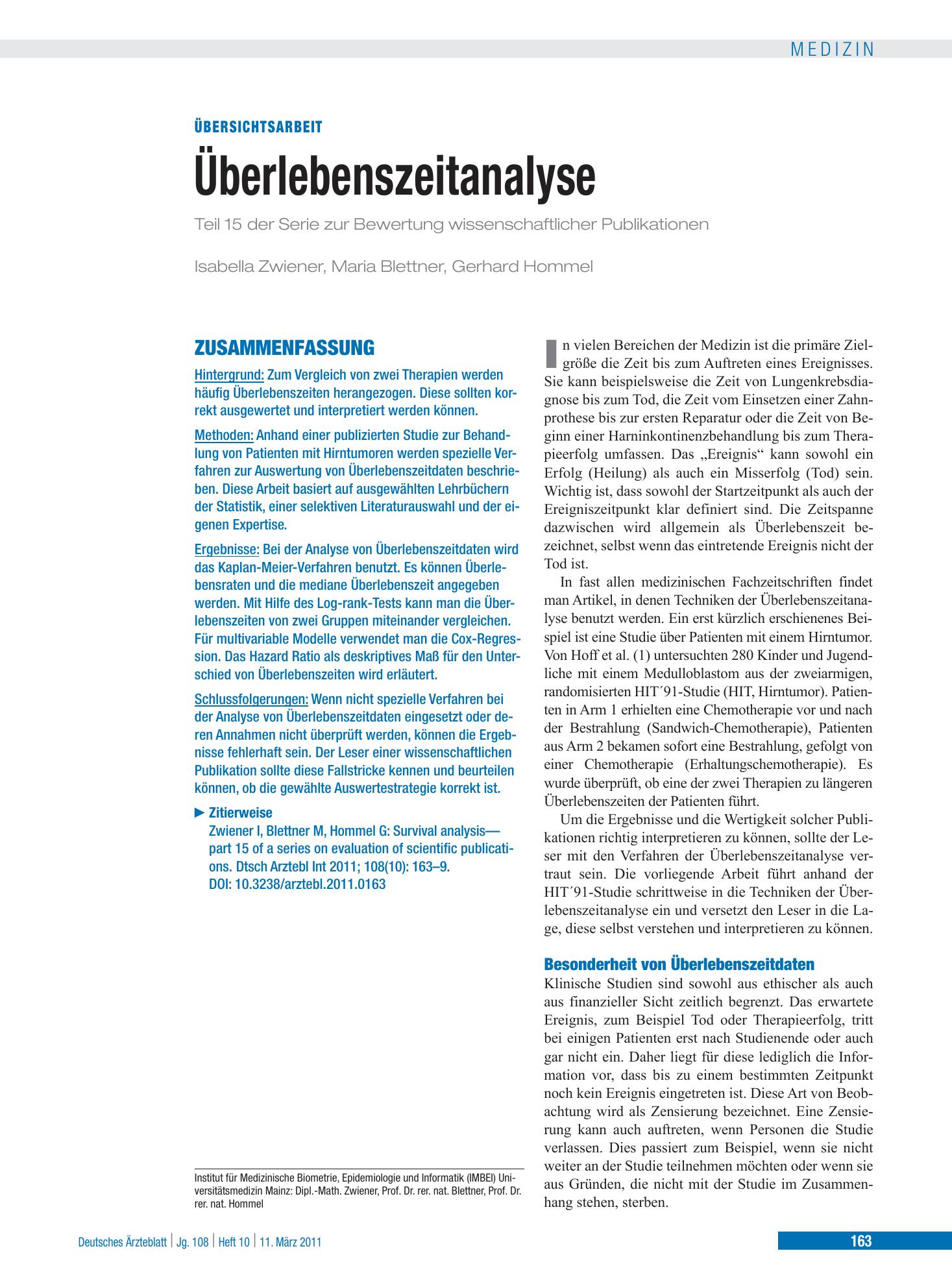Vorschauseite 1: Überlebenszeitanalyse – Deutsches Ärzteblatt