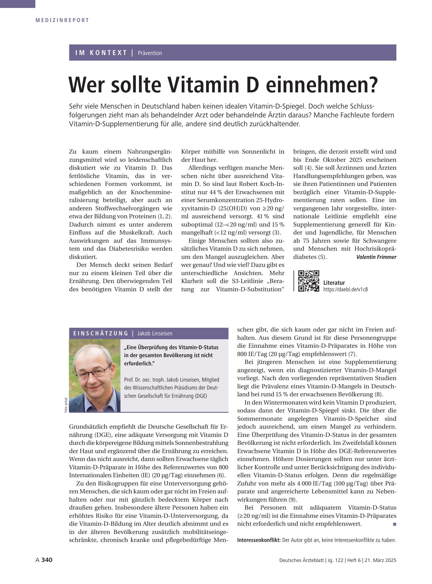 Vorschauseite 1: Prävention: Wer sollte Vitamin D einnehmen? – Deutsches Ärzteblatt
