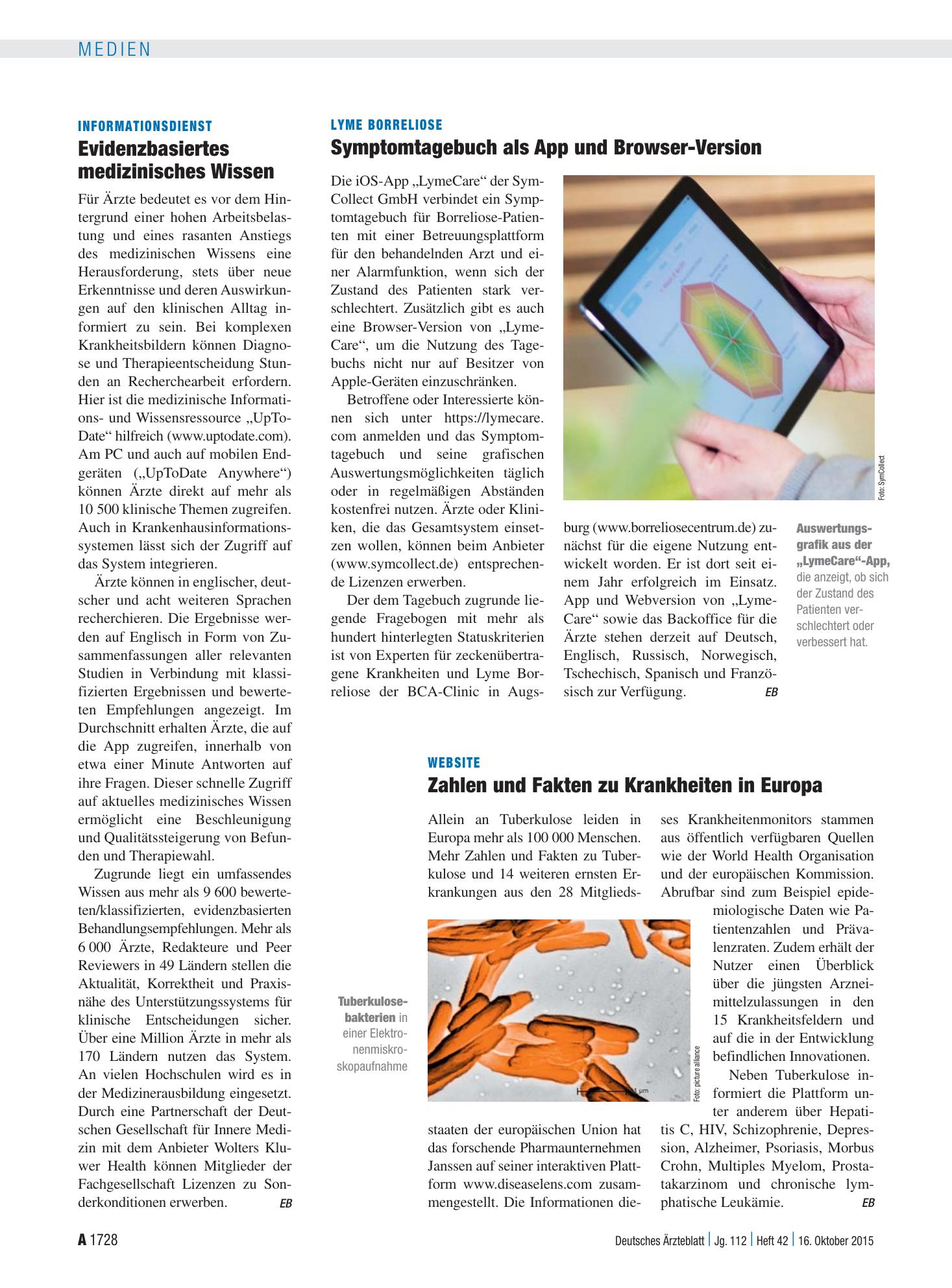 Vorschauseite 1: Lyme Borreliose: Symptomtagebuch als App und Browser-Version – Deutsches Ärzteblatt