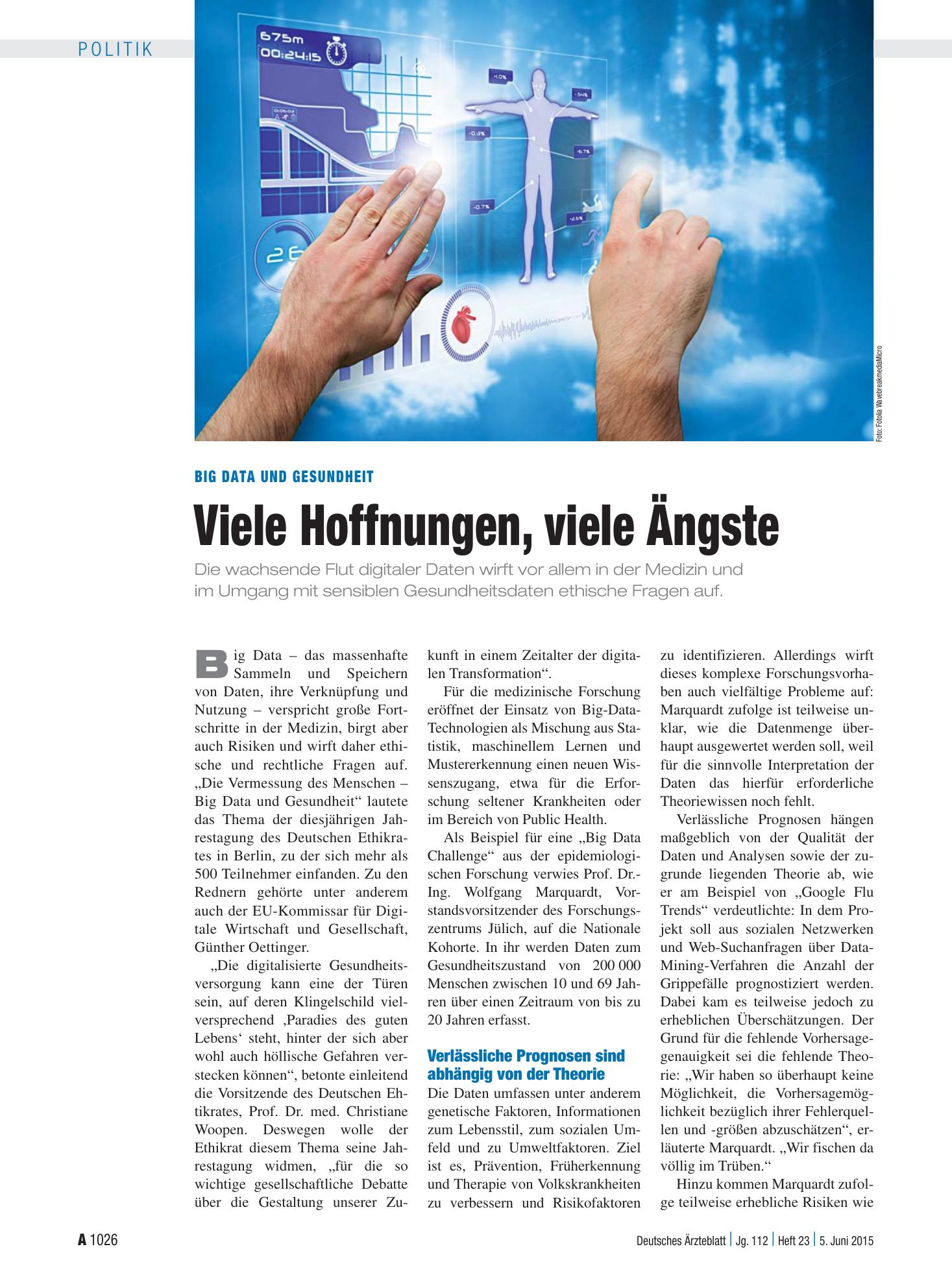 Vorschauseite 1: Big Data und Gesundheit: Viele Hoffnungen, viele Ängste – Deutsches Ärzteblatt