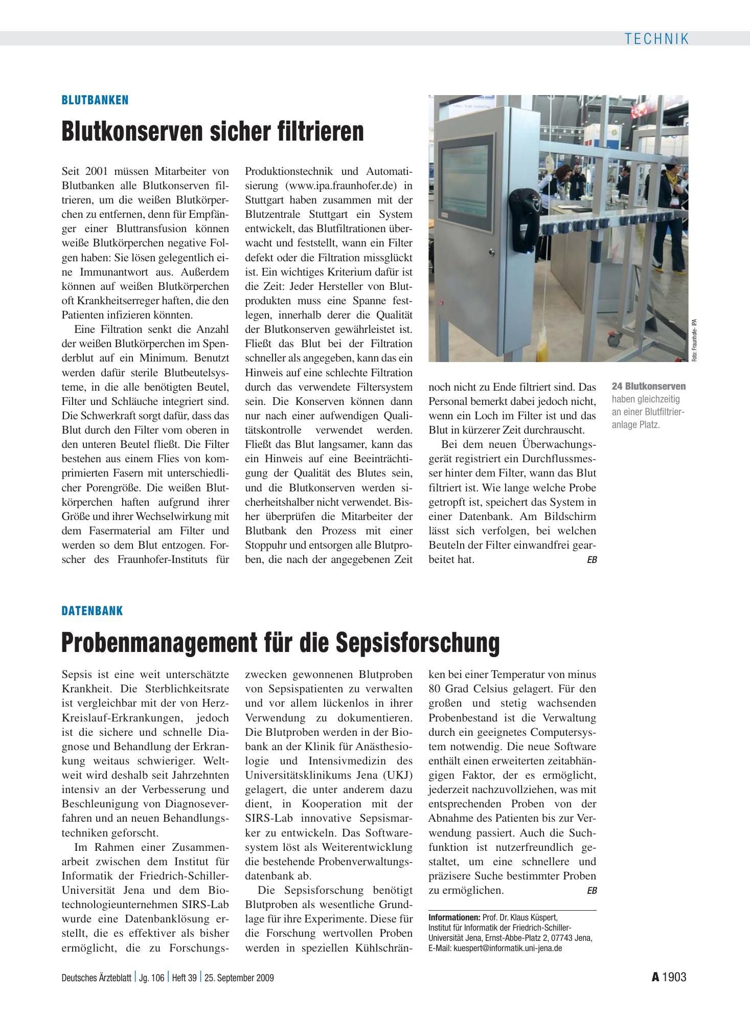 Vorschauseite 1: Blutbanken: Blutkonserven sicher filtrieren – Deutsches Ärzteblatt