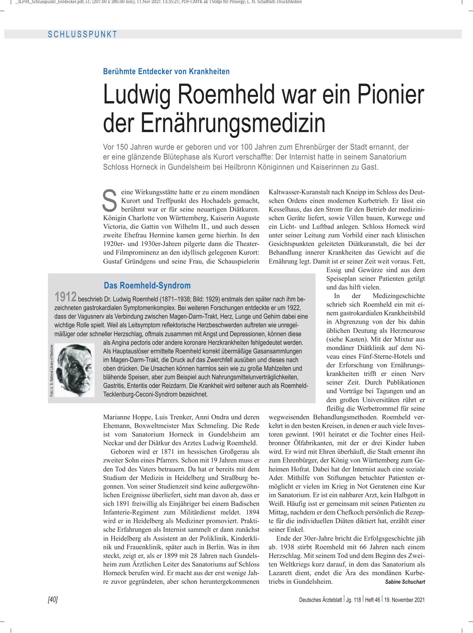 Vorschauseite 1: Berühmte Entdecker von Krankheiten: Ludwig Roemheld war ein Pionier der Ernährungsmedizin – Deutsches Ärzteblatt