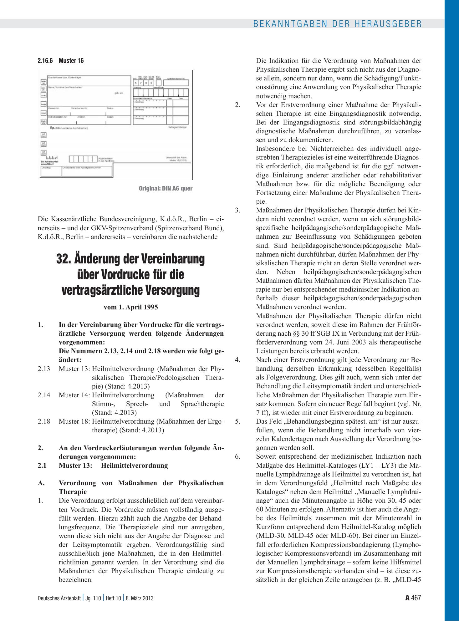 Vorschauseite 1: 32. Änderung der Vereinbarung über Vordrucke für die vertragsärztliche Versorgung – Deutsches Ärzteblatt