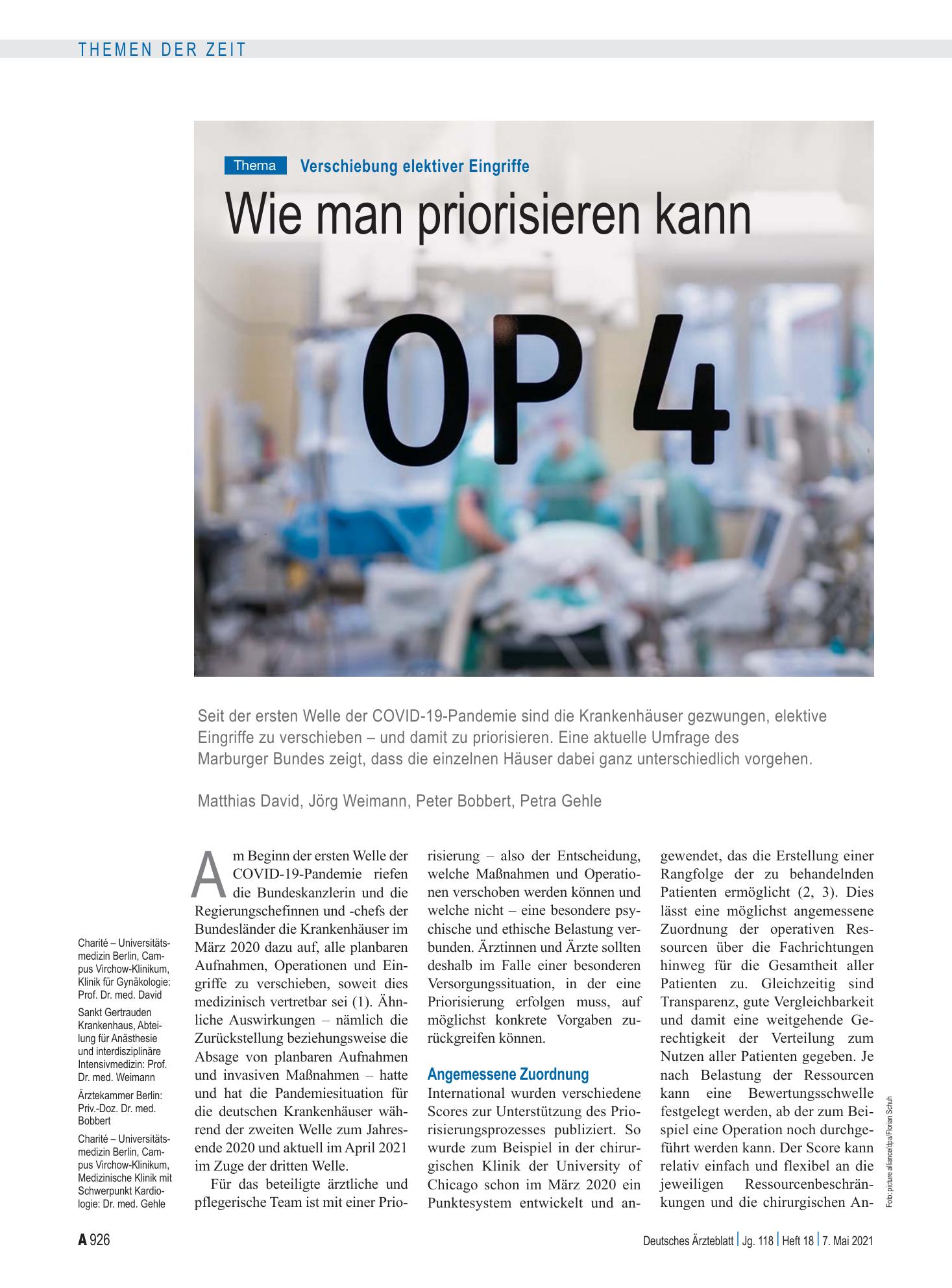 Vorschauseite 1: Verschiebung elektiver Eingriffe: Wie man priorisieren kann – Deutsches Ärzteblatt