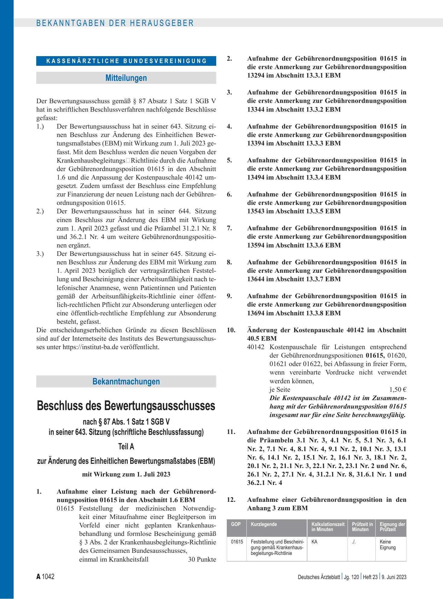 Vorschauseite 1: Beschluss des Bewertungsausschusses nach § 87 Abs. 1 Satz 1 SGB V in seiner 643. Sitzung (schriftliche Beschlussfassung) Teil A und Teil B zu Empfehlungen gemäß § 87a Abs. 5 Satz…
