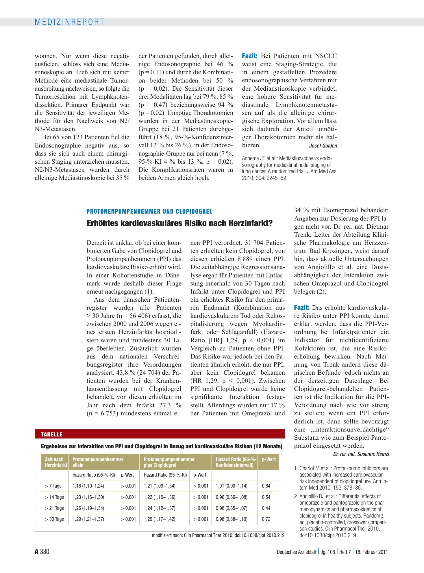 Vorschauseite 1: Protonenpumpenhemmer und Clopidogrel: Erhöhtes kardiovaskuläres Risiko nach Herzinfarkt? – Deutsches Ärzteblatt