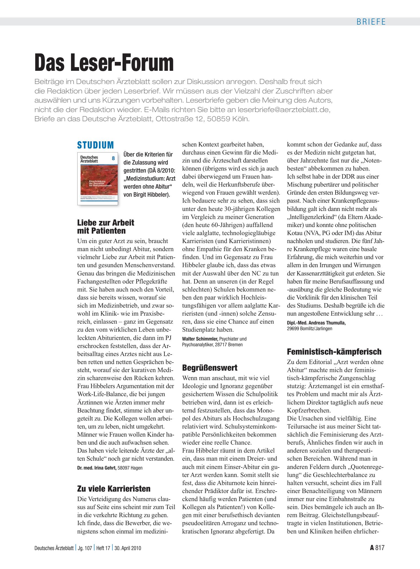 Vorschauseite 1: Studium: Begrüßenswert – Deutsches Ärzteblatt