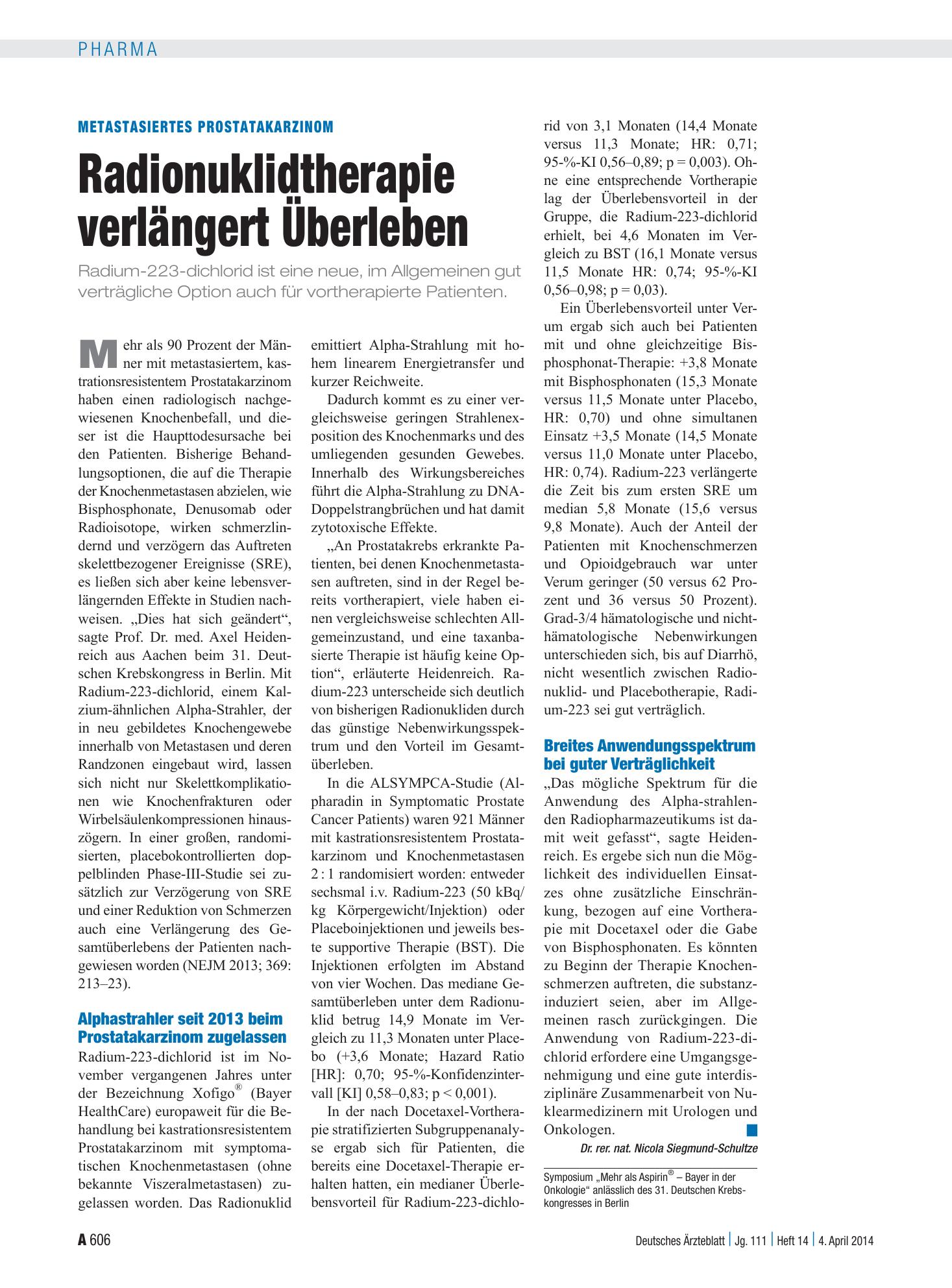 Vorschauseite 1: Metastasiertes Prostatakarzinom: Radionuklidtherapie verlängert Überleben – Deutsches Ärzteblatt