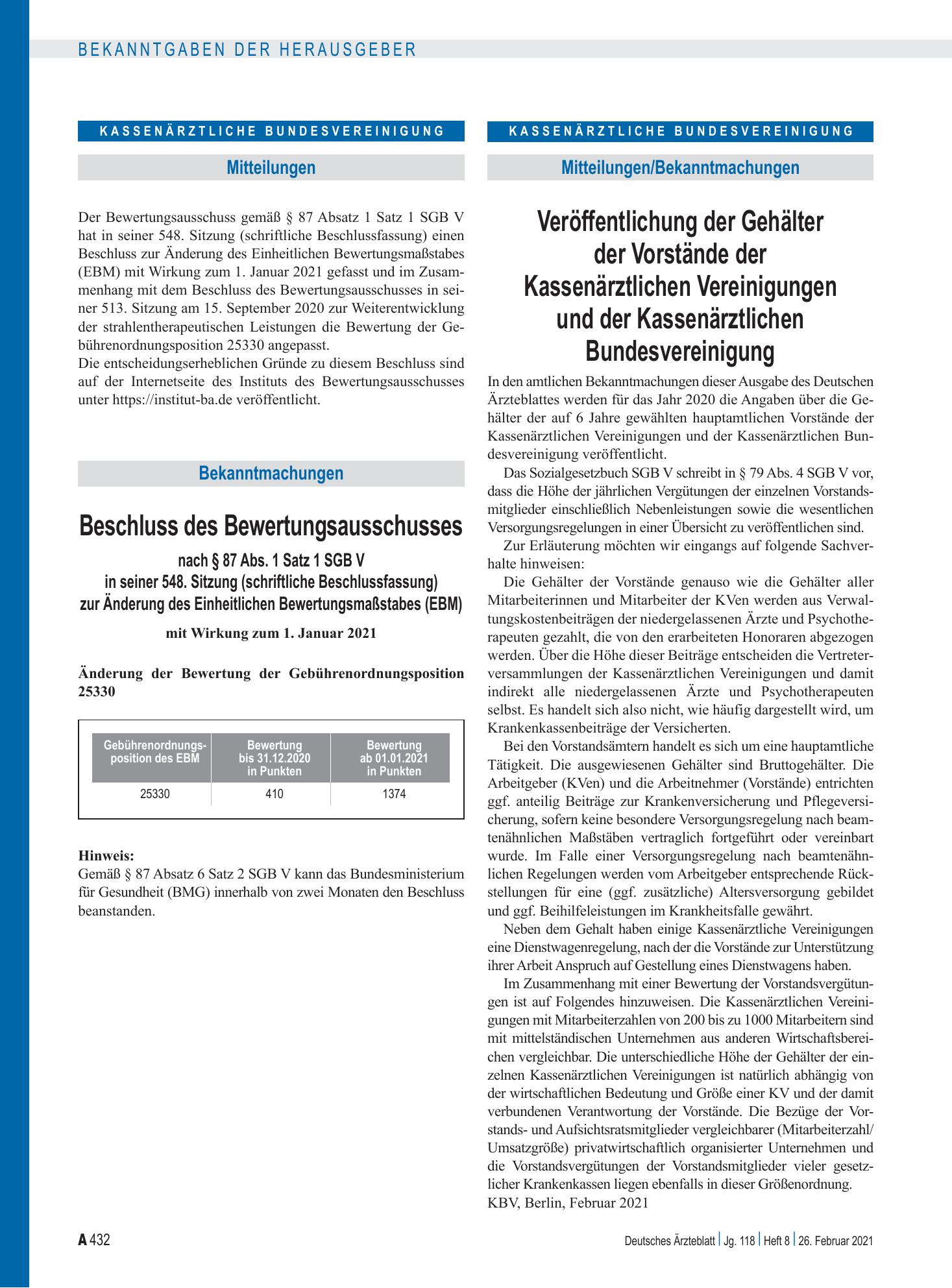 Vorschauseite 1: Veröffentlichung der Gehälter der Vorstände der Kassenärztlichen Vereinigungen und der Kassenärztlichen Bundesvereinigung – Deutsches Ärzteblatt