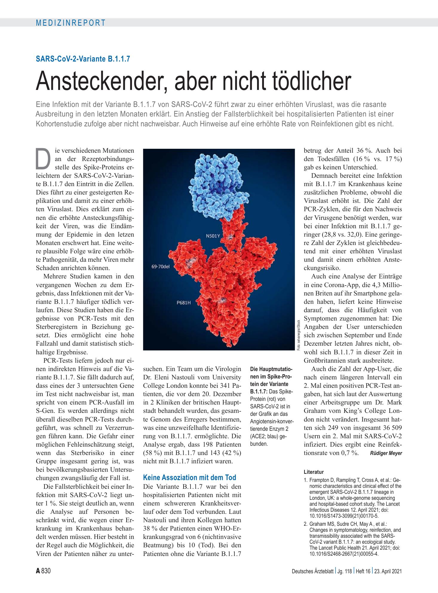 Vorschauseite 1: SARS-CoV-2-Variante B.1.1.7: Ansteckender, aber nicht tödlicher – Deutsches Ärzteblatt