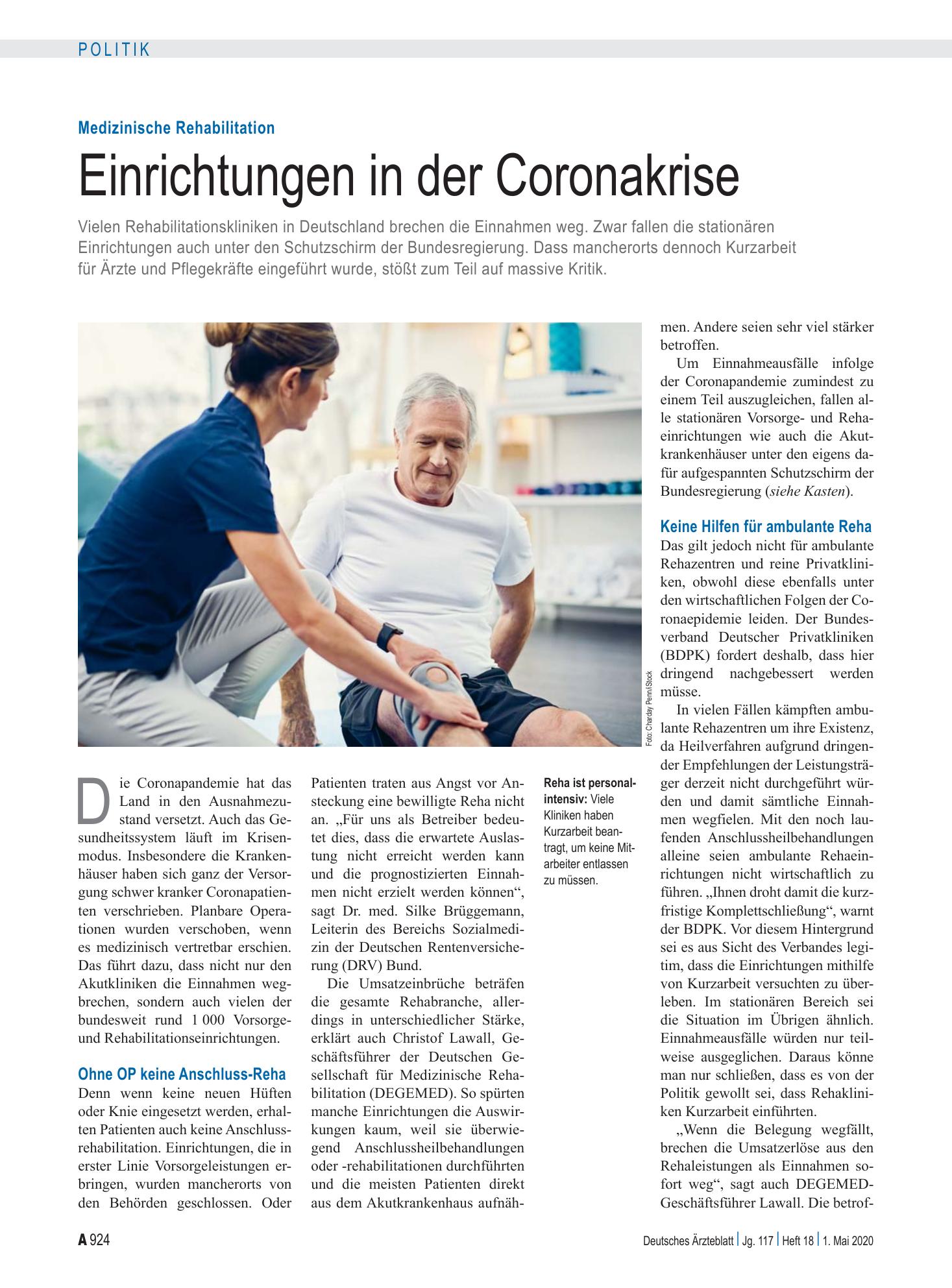 Vorschauseite 1: Medizinische Rehabilitation: Einrichtungen in der Coronakrise – Deutsches Ärzteblatt