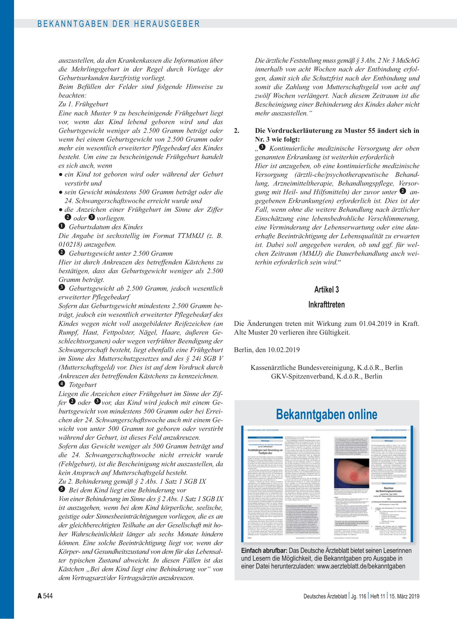 Vorschauseite 1: Bekanntgaben online – Deutsches Ärzteblatt