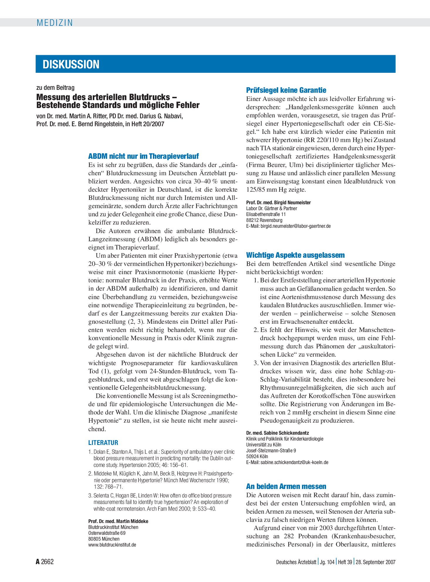 Vorschauseite 1: Messung des arteriellen Blutdrucks – Bestehende Standards und mögliche Fehler: Prüfsiegel keine Garantie – Deutsches Ärzteblatt
