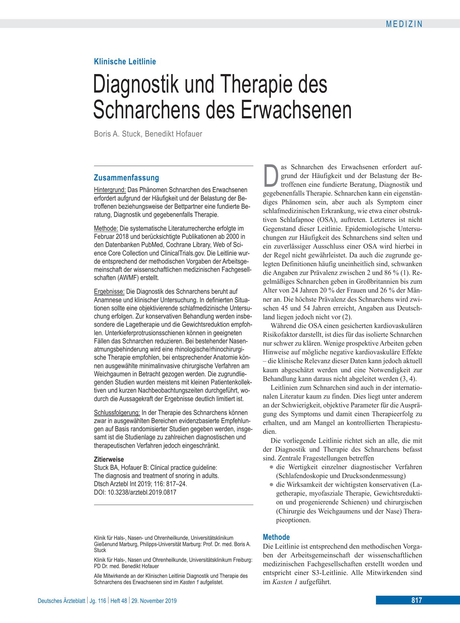 Vorschauseite 1: Diagnostik und Therapie des Schnarchens des Erwachsenen – Deutsches Ärzteblatt