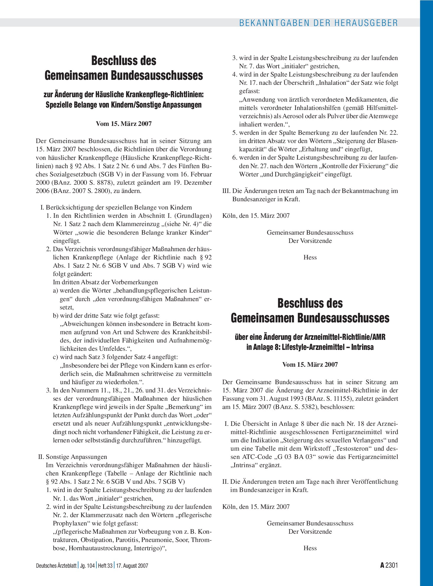 Vorschauseite 1: Beschluss des Gemeinsamen Bundesausschusses zur Änderung der Häusliche Krankenpflege-Richtlinien: Spezielle Belange von Kindern/Sonstige Anpassungen vom 15. März 2007 – Deutsches…