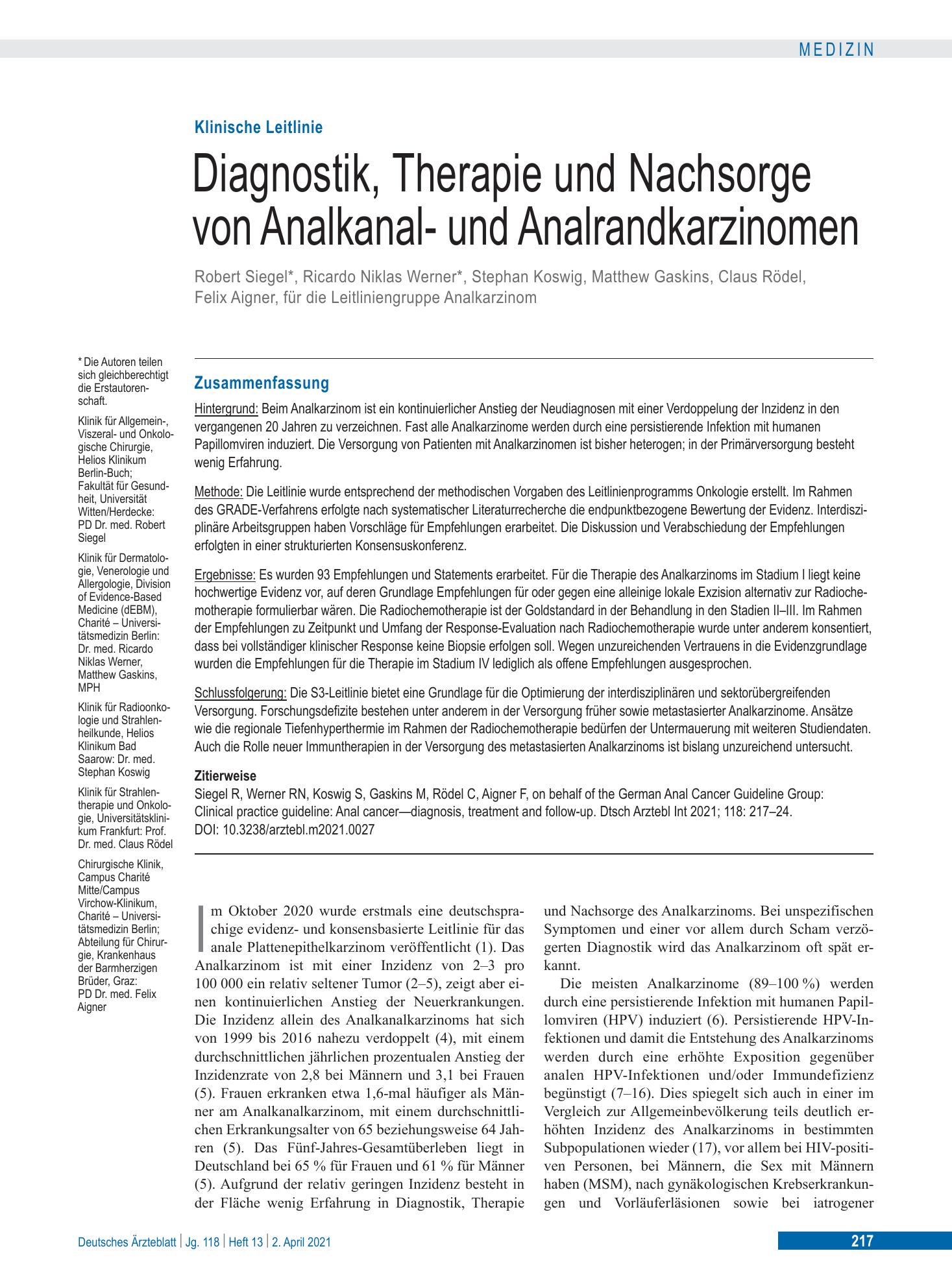 Vorschauseite 1: Diagnostik, Therapie und Nachsorge von Analkanal- und Analrandkarzinomen – Deutsches Ärzteblatt