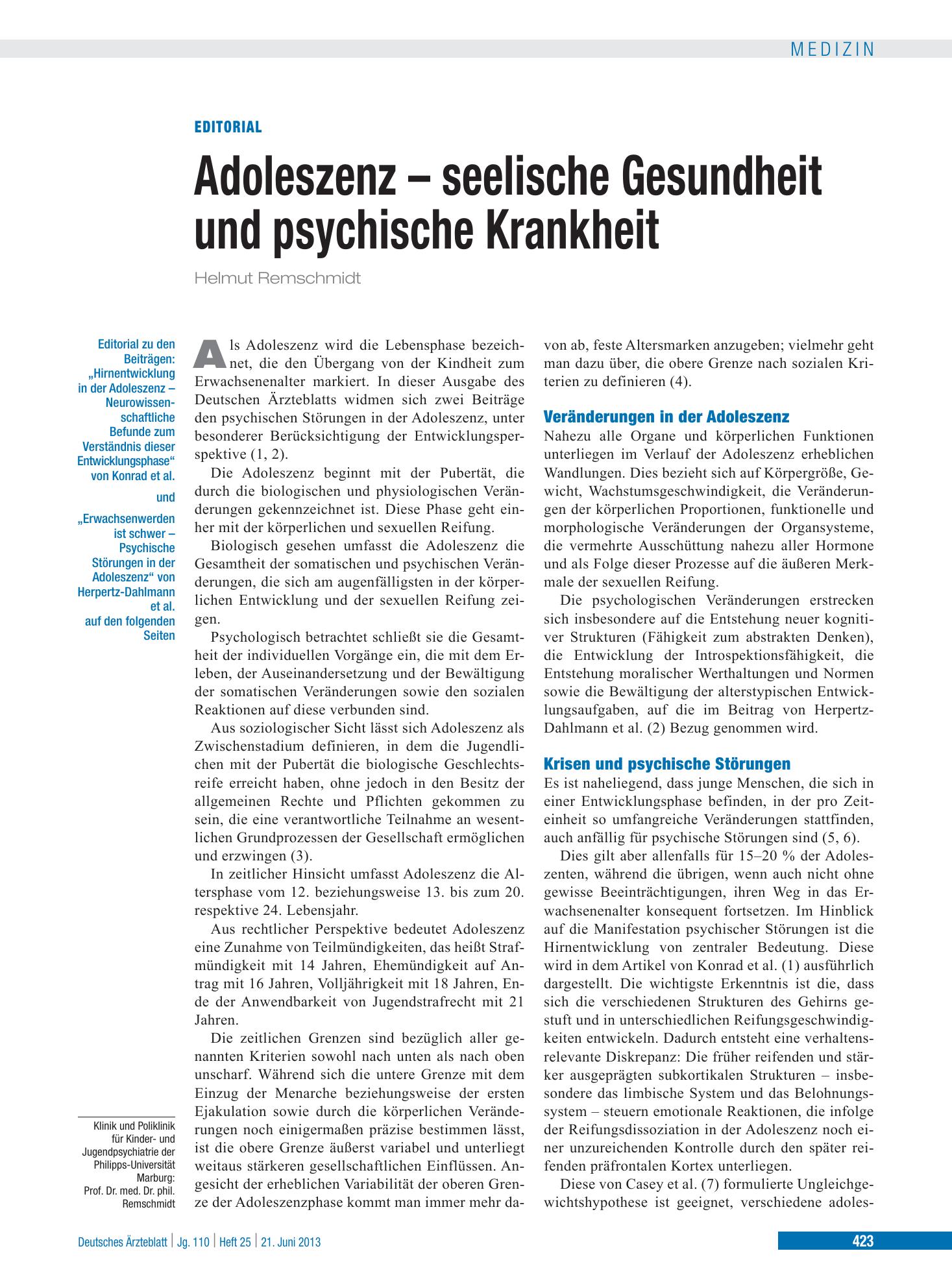 Vorschauseite 1: Erwachsenwerden ist schwer – Deutsches Ärzteblatt