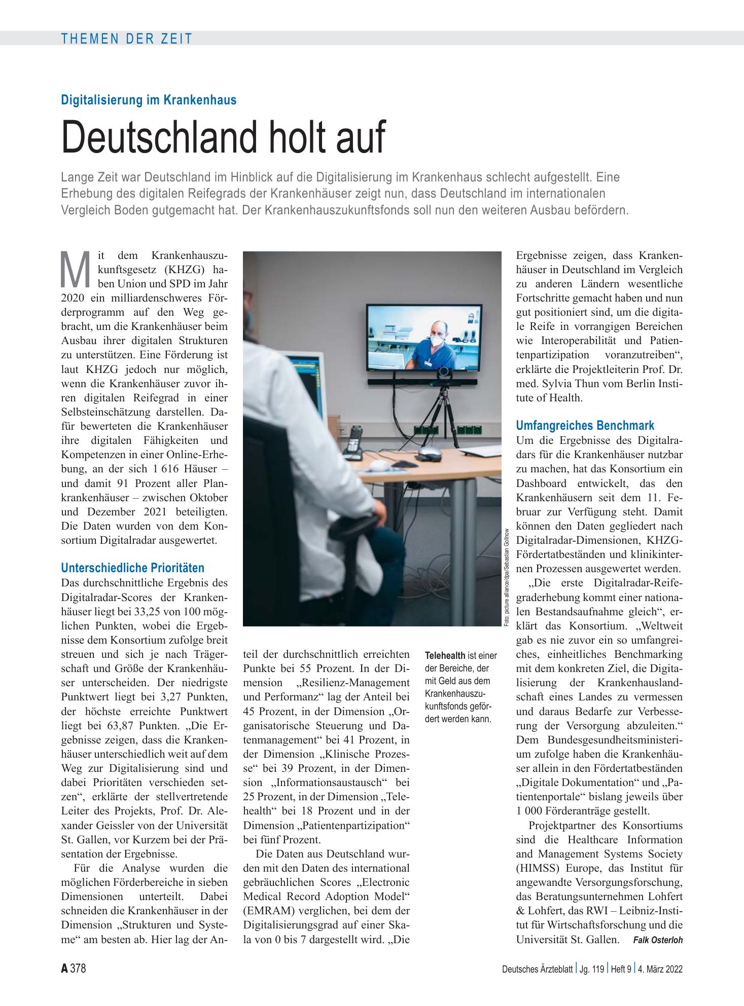 Vorschauseite 1: Digitalisierung im Krankenhaus: Deutschland holt auf – Deutsches Ärzteblatt