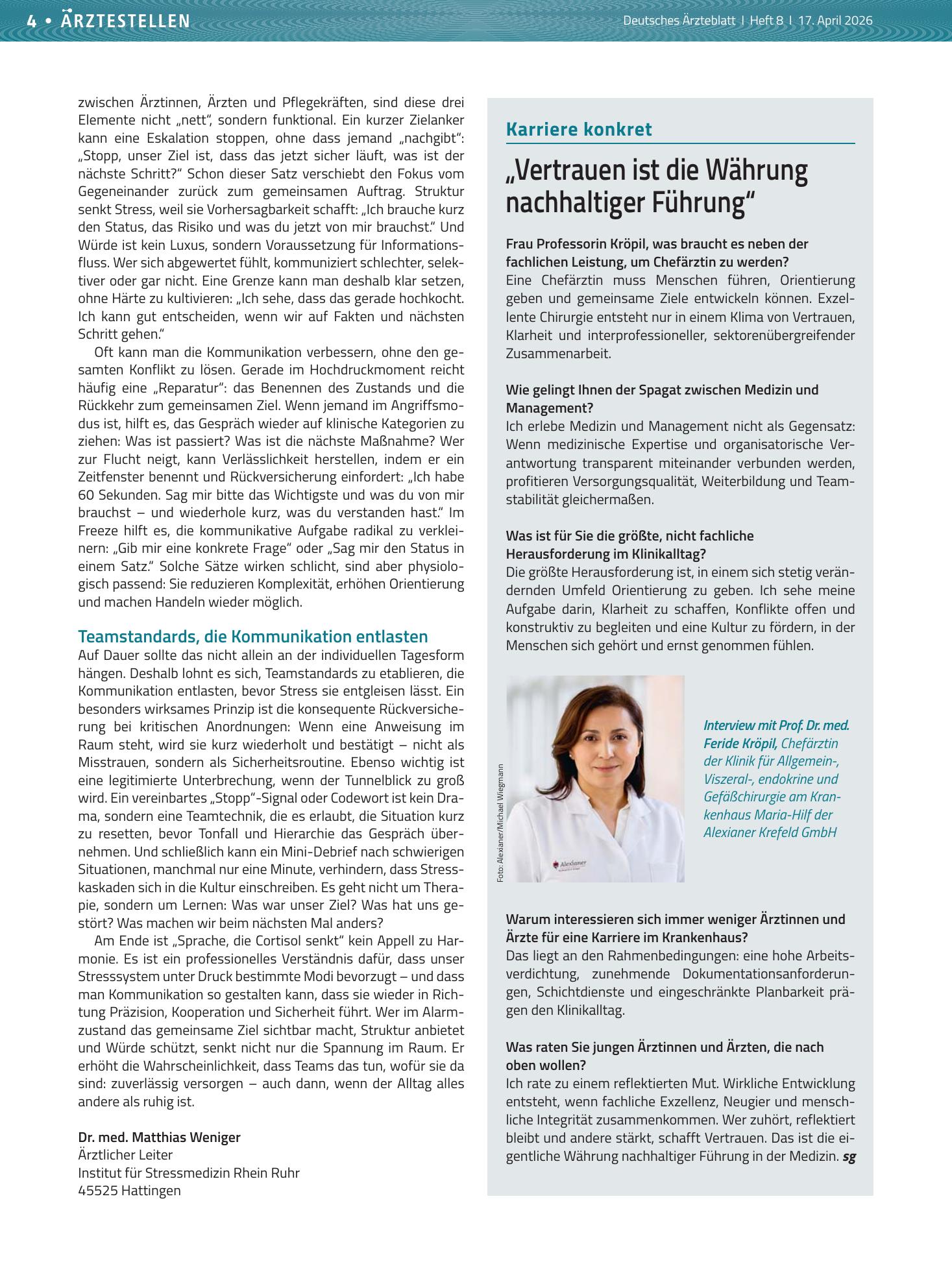 Vorschauseite 1: „Vertrauen ist die Währung nachhaltiger Führung“ – Deutsches Ärzteblatt