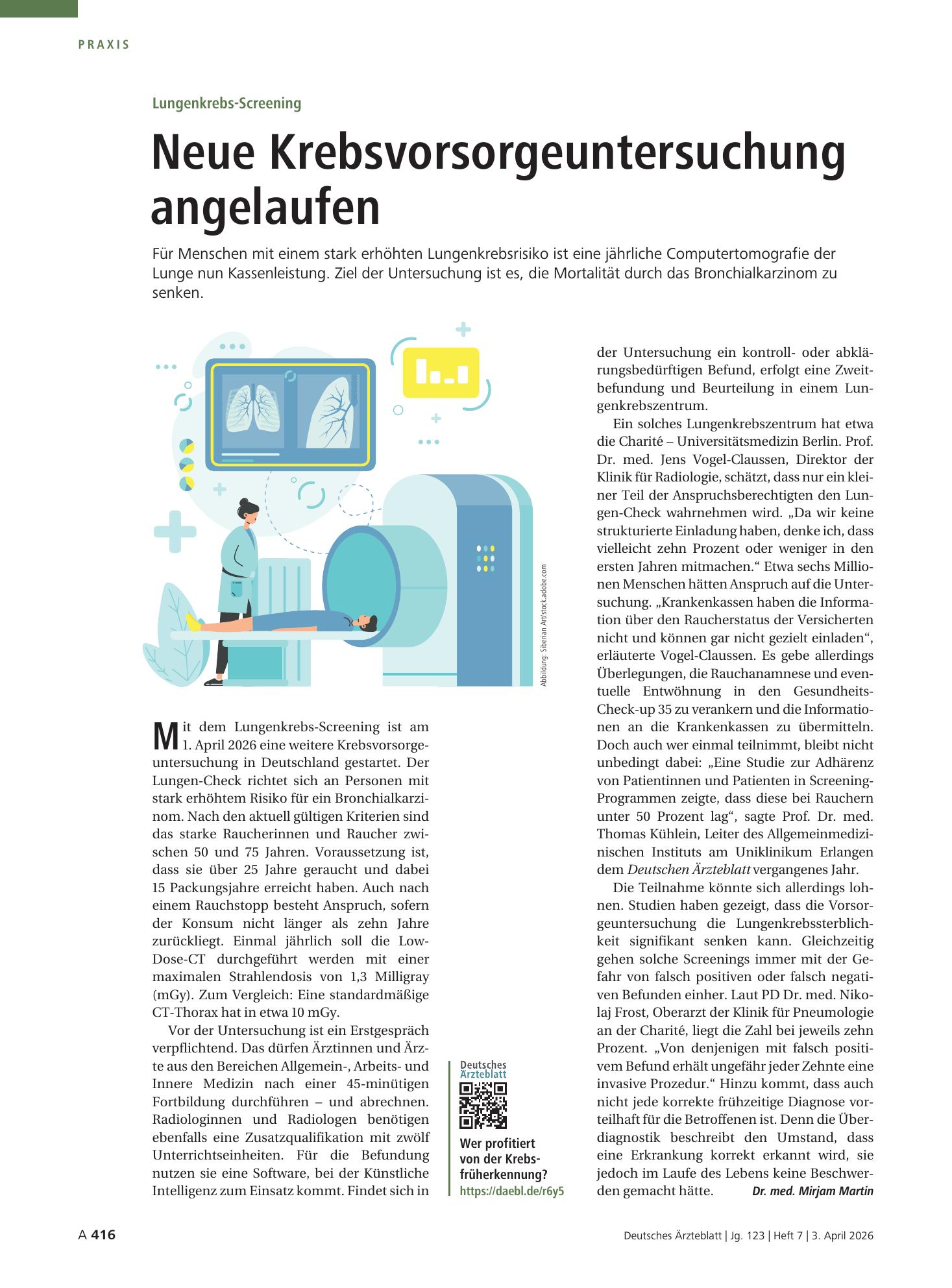 Vorschauseite 1: Lungenkrebs-Screening: Neue Krebsvorsorgeuntersuchung angelaufen – Deutsches Ärzteblatt