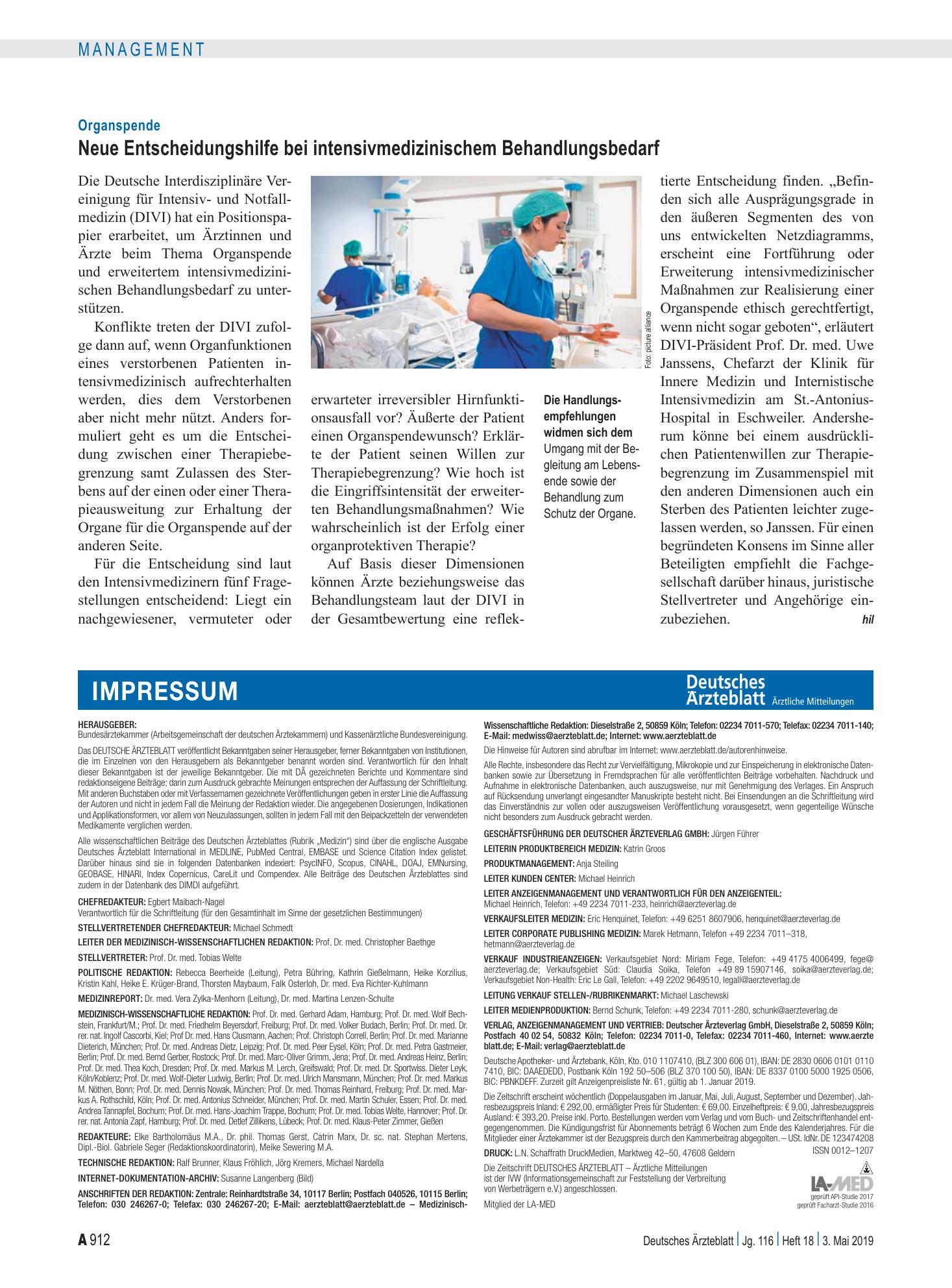 Vorschauseite 1: Organspende: Neue Entscheidungshilfe bei intensivmedizinischem Behandlungsbedarf – Deutsches Ärzteblatt