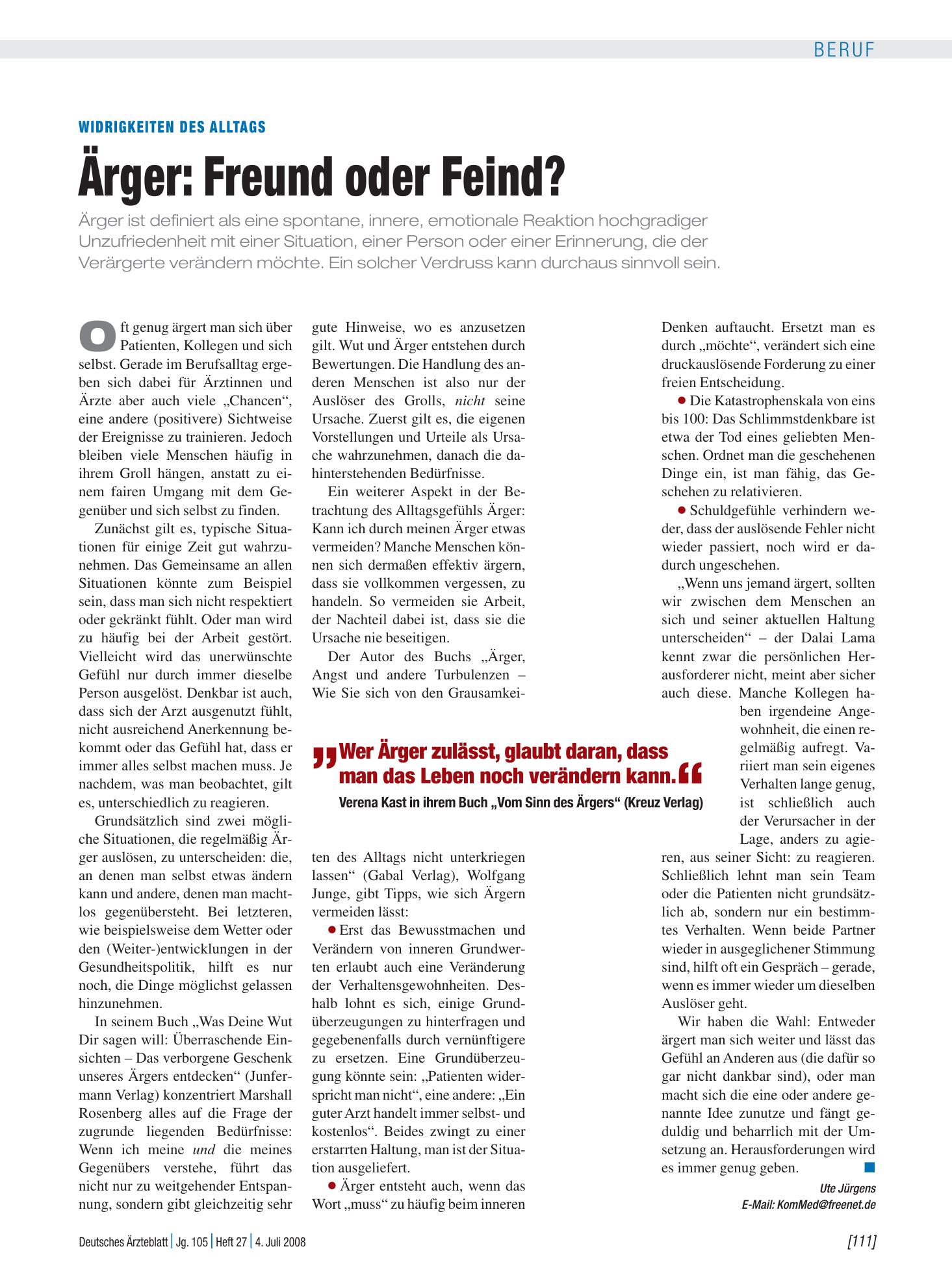Vorschauseite 1: Widrigkeiten des Alltags - Ärger: Freund oder Feind? – Deutsches Ärzteblatt