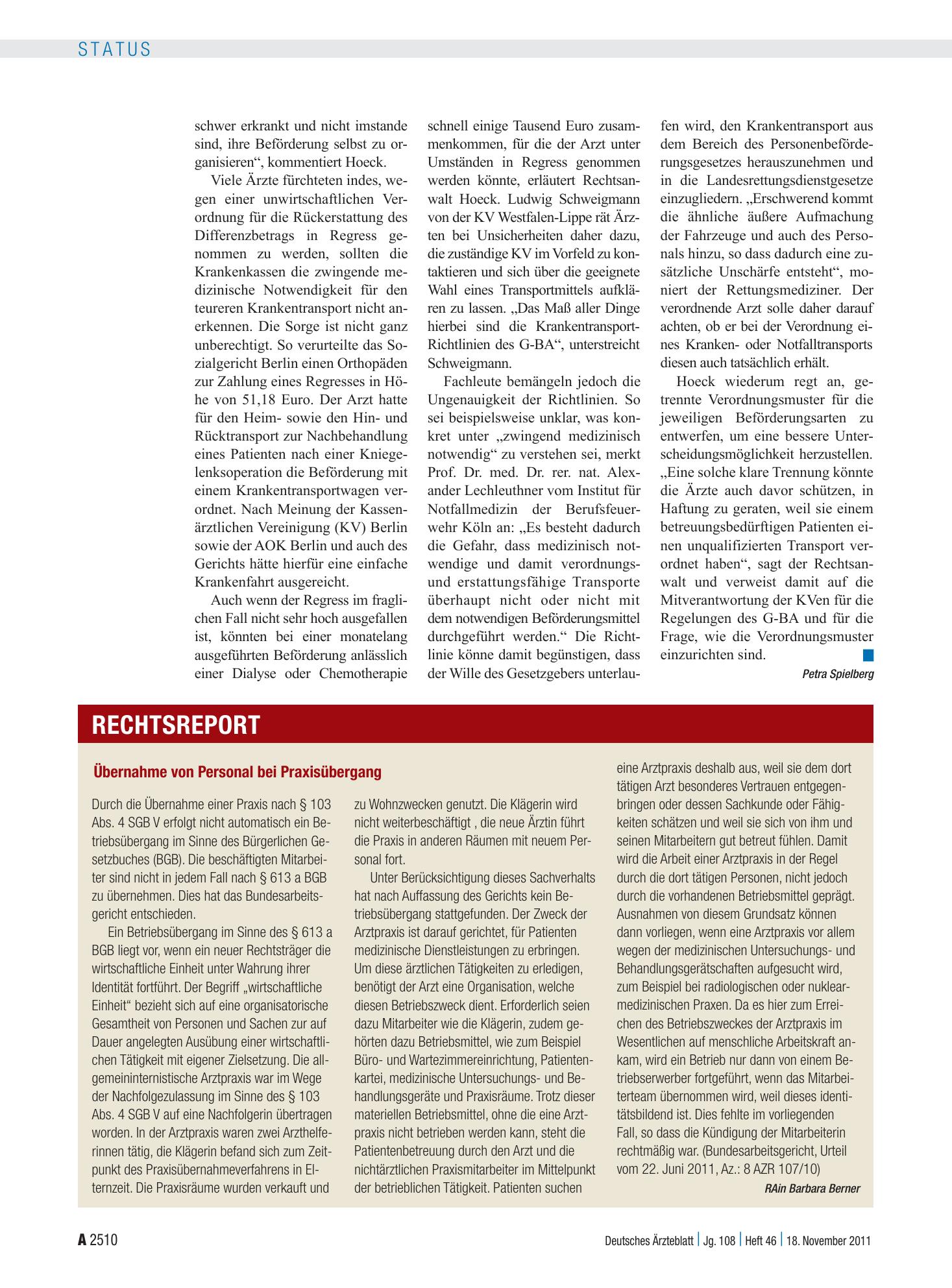 Vorschauseite 1: Übernahme von Personal bei Praxisübergang – Deutsches Ärzteblatt