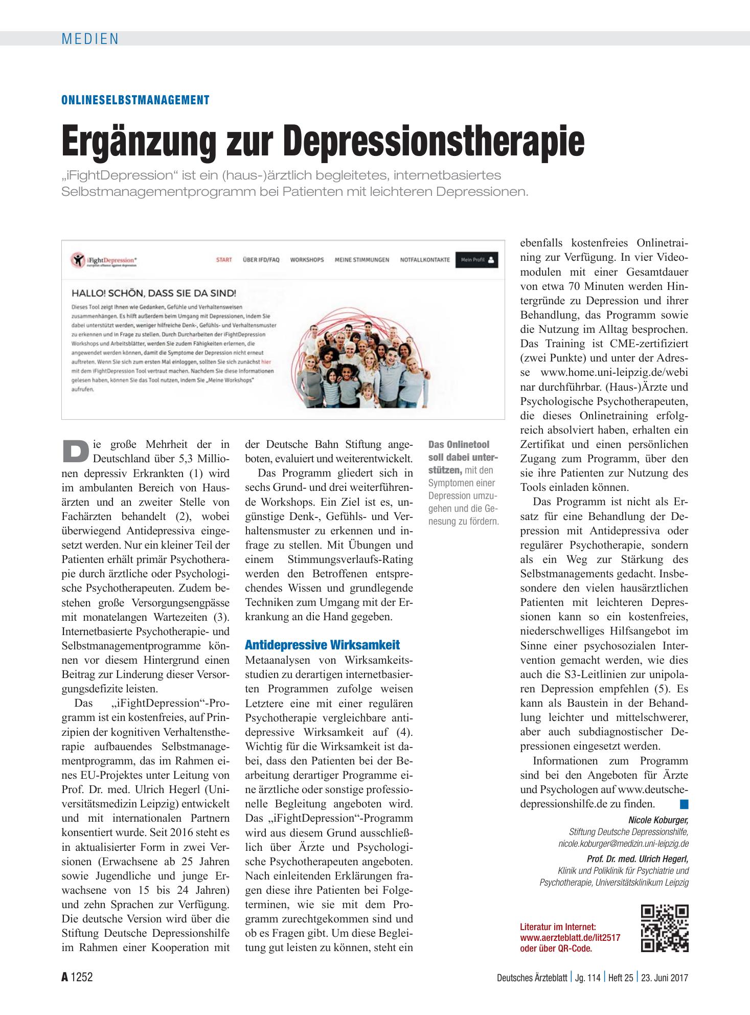 Vorschauseite 1: Onlineselbstmanagement: Ergänzung zur Depressionstherapie – Deutsches Ärzteblatt