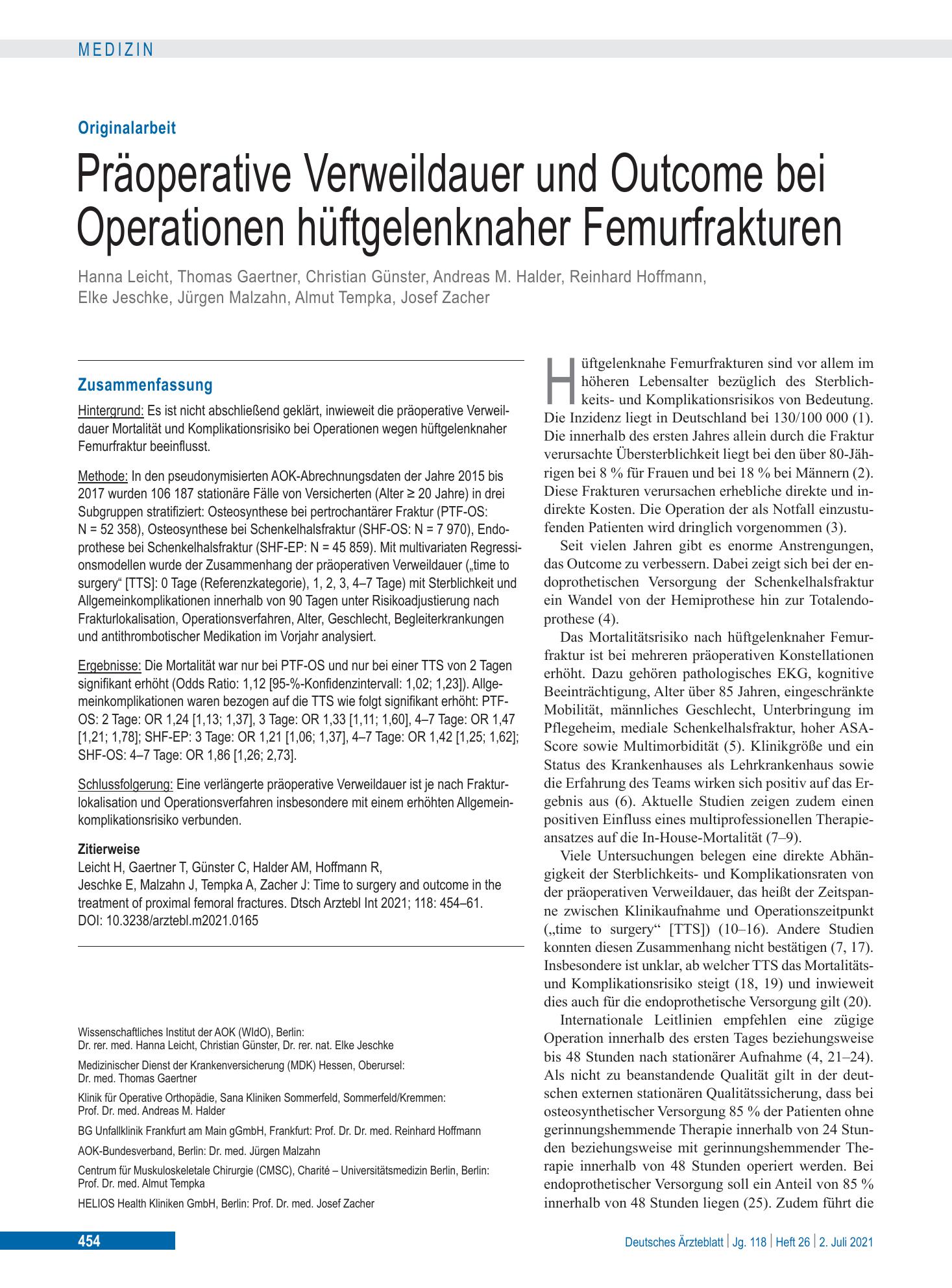 Vorschauseite 1: Präoperative Verweildauer und Outcome bei Operationen hüftgelenknaher Femurfrakturen – Deutsches Ärzteblatt