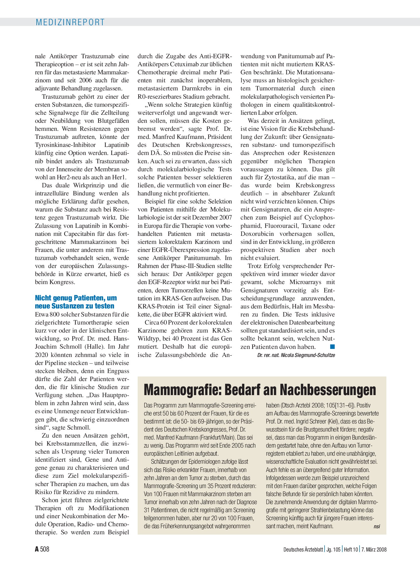 Vorschauseite 1: Mammografie: Bedarf an Nachbesserungen – Deutsches Ärzteblatt