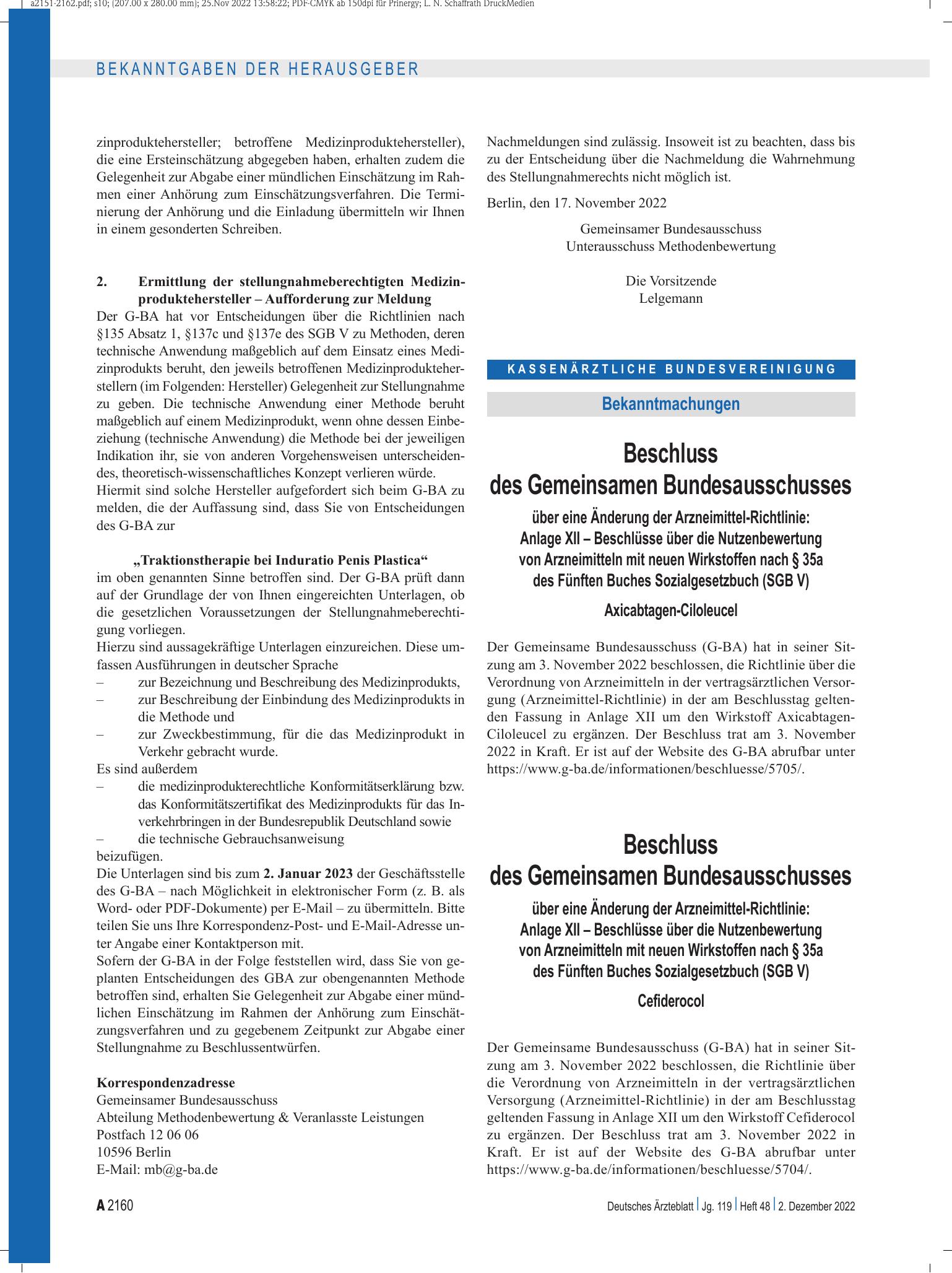 Vorschauseite 1: Beschluss des Gemeinsamen Bundesausschusses über eine Änderung der Arzneimittel-Richtlinie: Cefiderocol – Deutsches Ärzteblatt