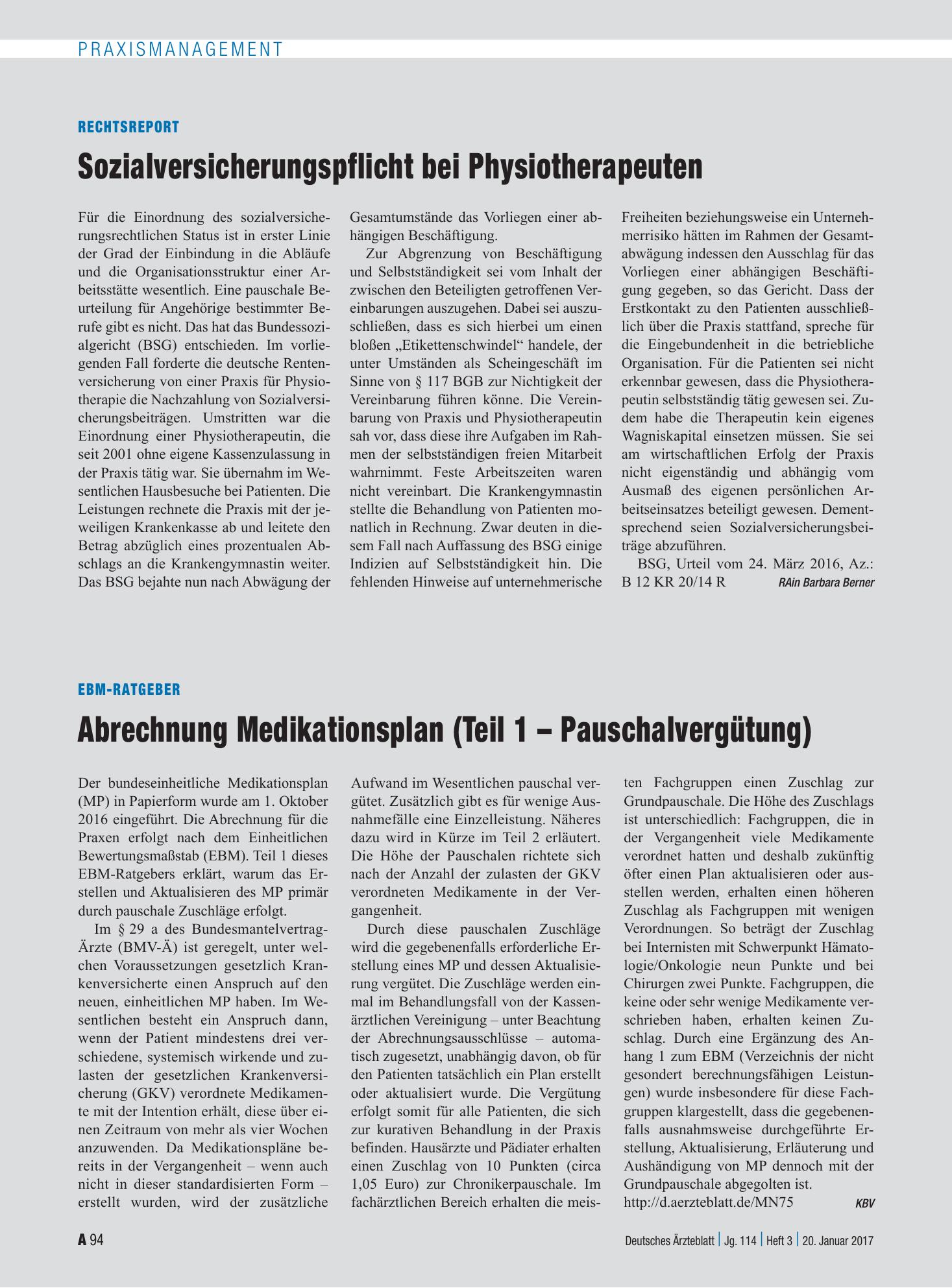 Vorschauseite 1: EBM-Ratgeber: Abrechnung Medikationsplan (Teil 1 – Pauschalvergütung) – Deutsches Ärzteblatt